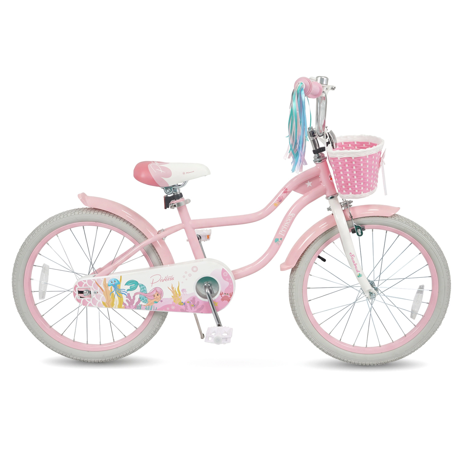 LJG Kids Bike Adjustable with Basket and Streamers Pink - Princess of the Sea Theme
