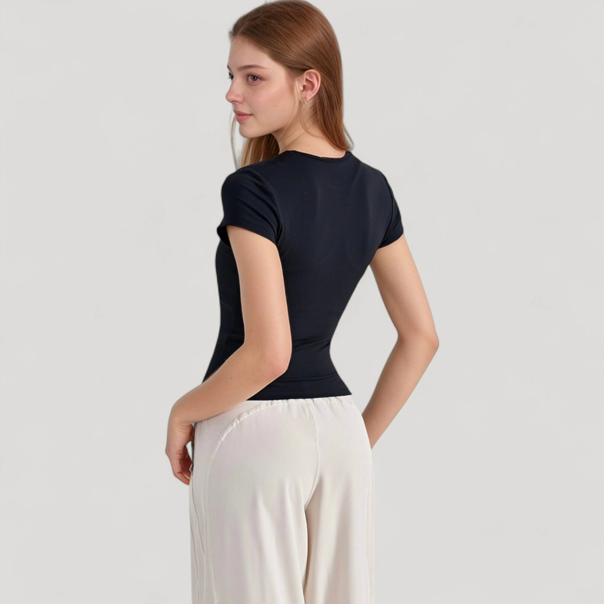 Anna-Kaci Women's Short Sleeve Fitted Crew Neck Top with Stretch Fabric for a Sleek and Comfortable Everyday Look