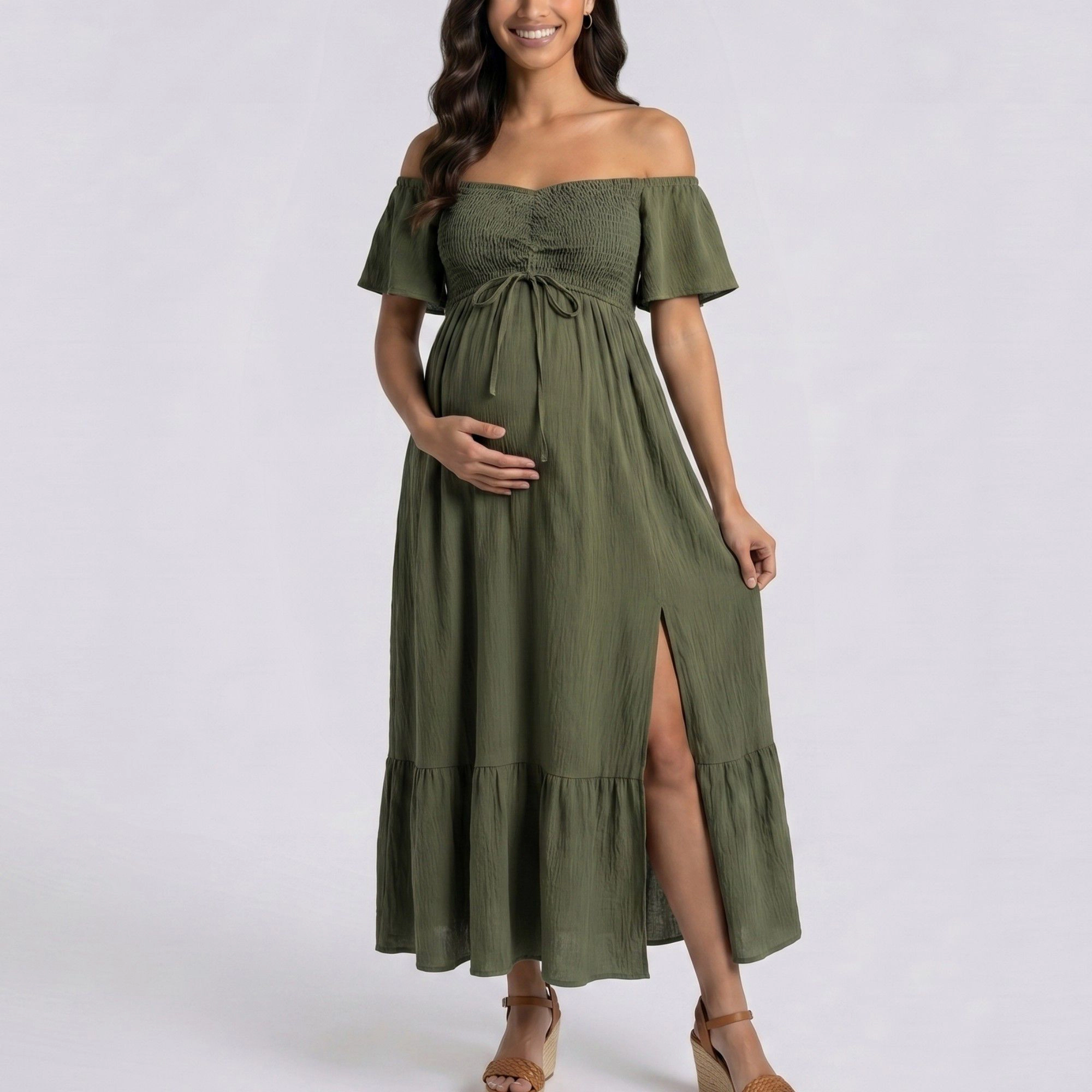Anna-Kaci Women's Off Shoulder Smocked Bodice Front Slit Maternity Maxi Dress