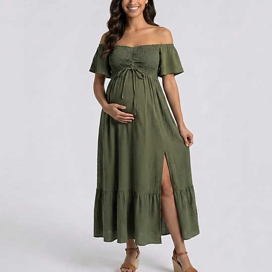 Anna-Kaci Women's Off Shoulder Smocked Bodice Front Slit Maternity Maxi Dress