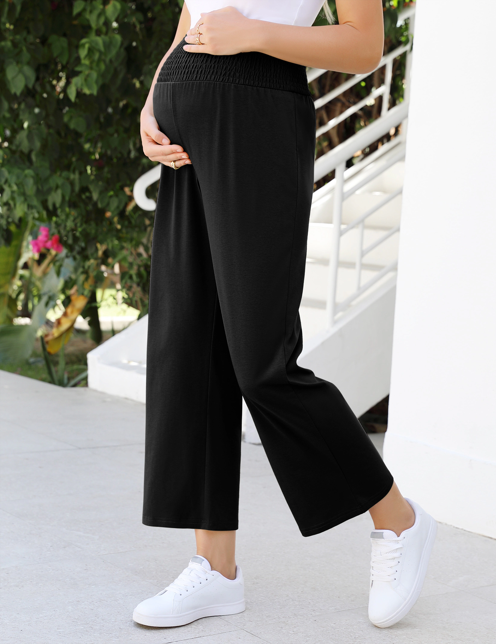 KOJOOIN Women Maternity Wide Leg Smocked High Waist Over Belly Pregnancy Trousers Capri Pants