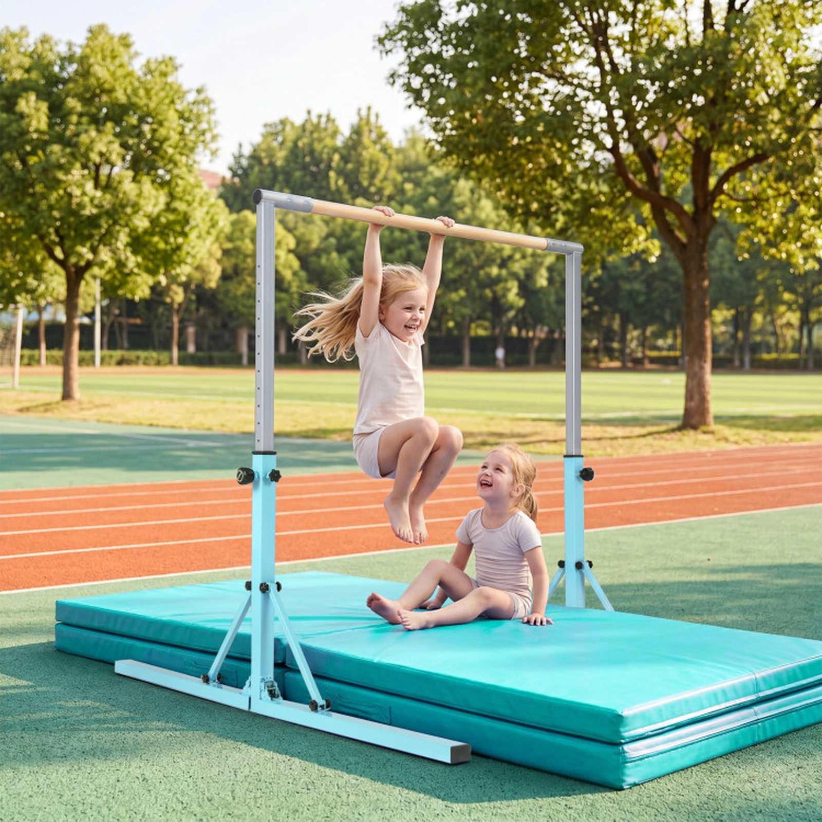 SUGIFT Kids Green Folding Gymnastics Bar with 13-Level Adjustable Height 68-in W 54-in D 265-lb User Capacity