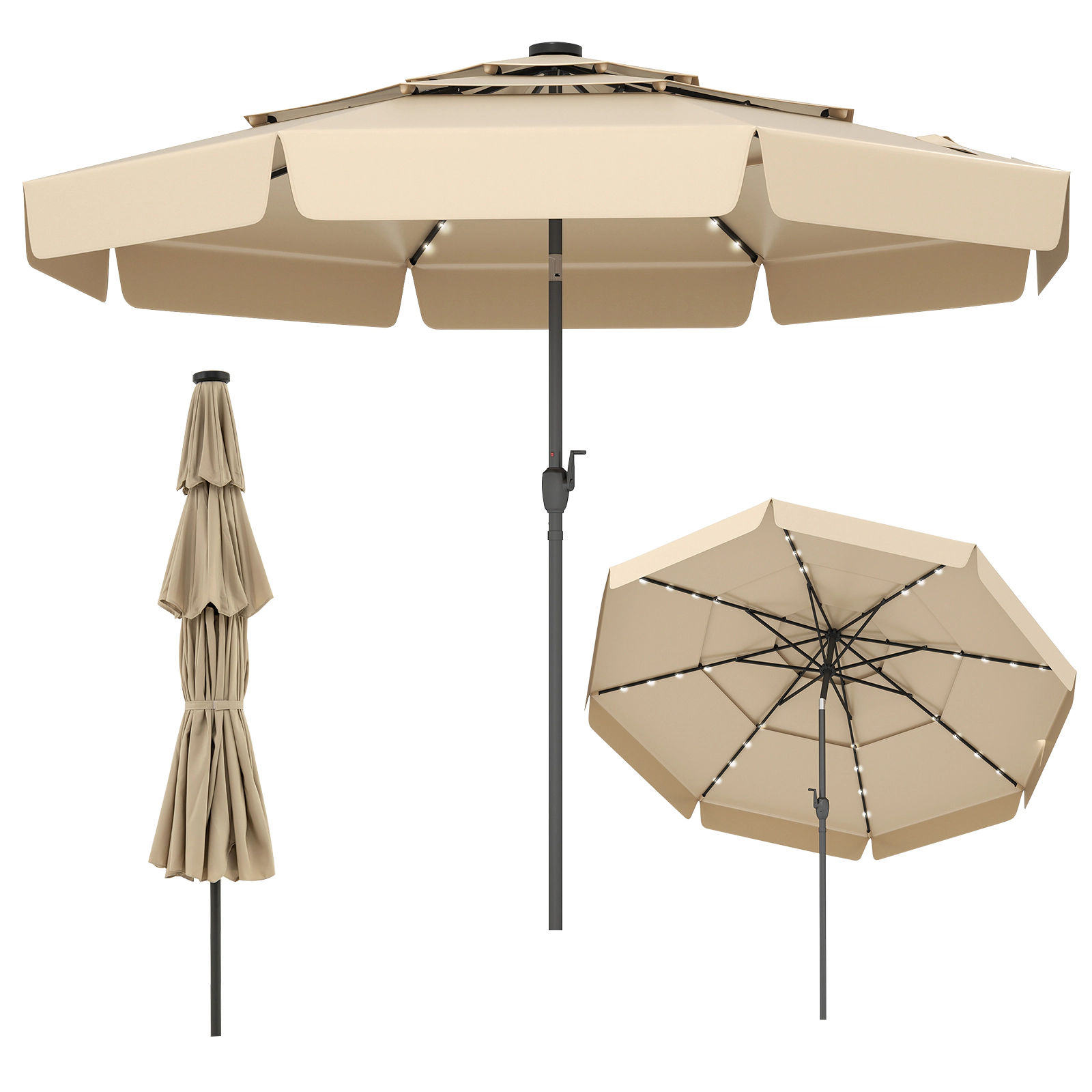 SUGIFT 3-Tier Vented Solar Patio Umbrella LED Lights 10-ft Canopy 10 x 8.1 in with Crank Handle & Push-Button Tilt Beige