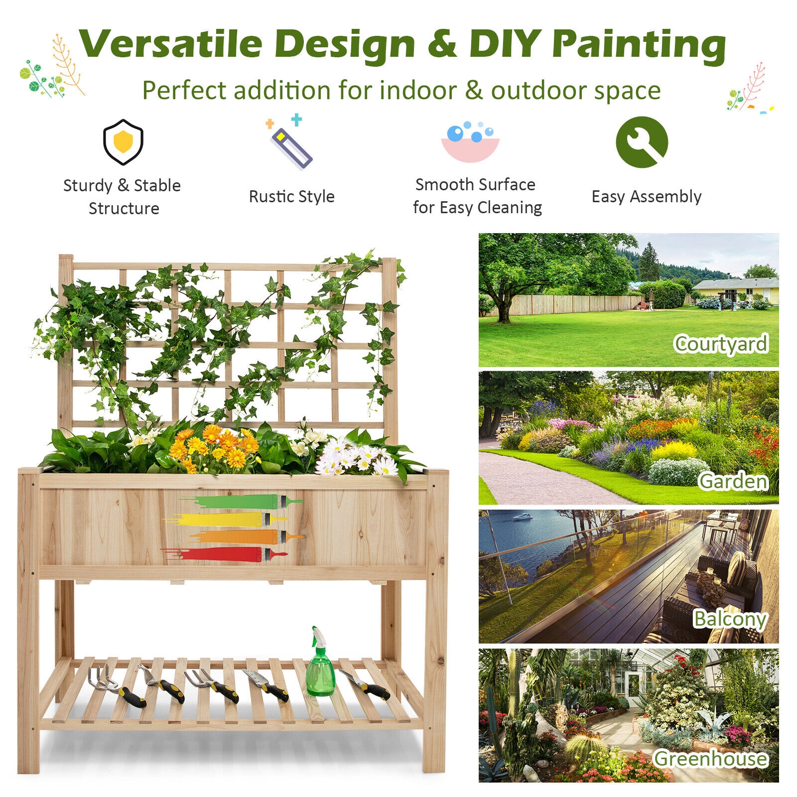 SUGIFT Natural Raised Garden Bed with Trellis and Storage Shelf 42-in W 21-in D 58-in H 386-lb Bed Capacity