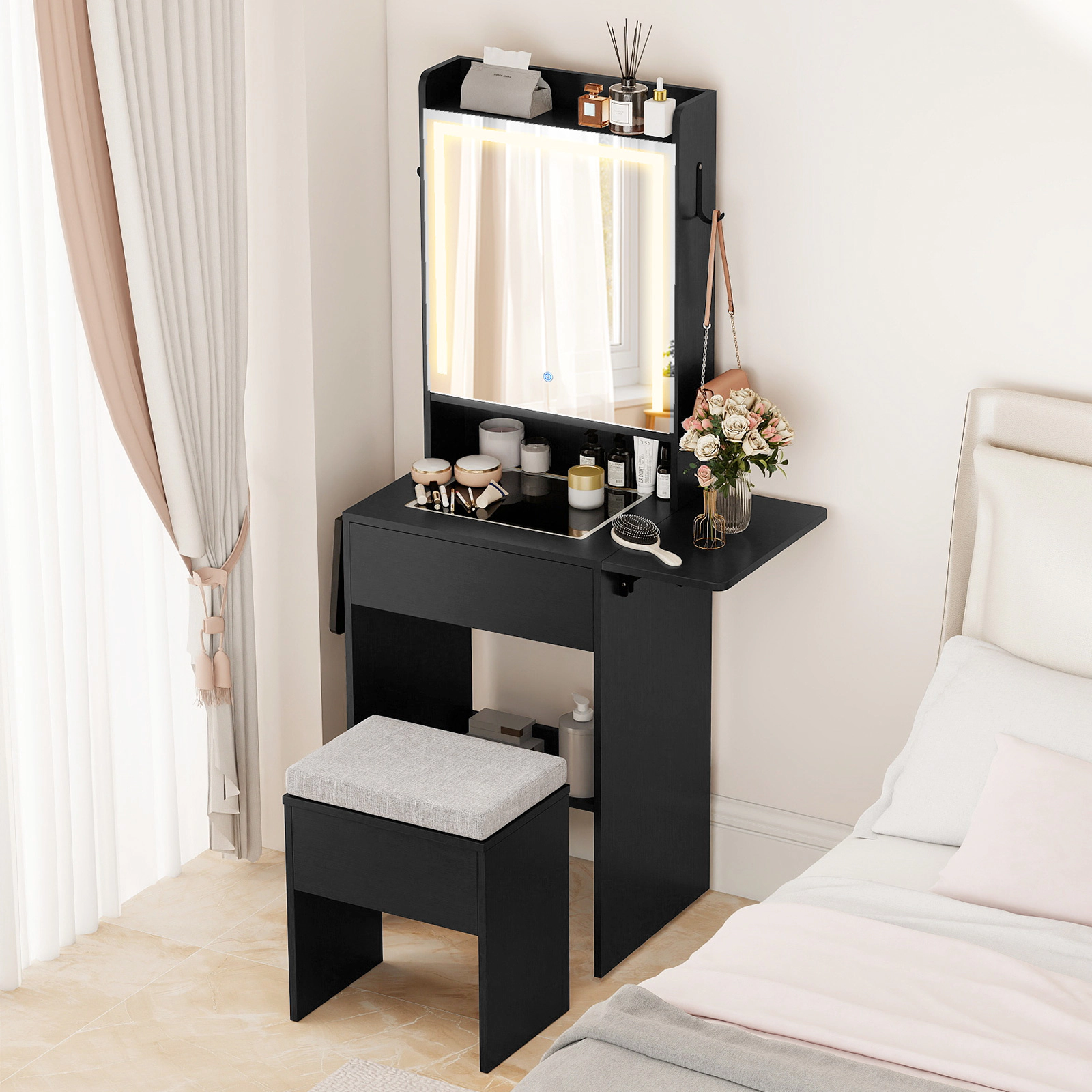 SUGIFT Space-Saving Vanity Desk with LED Mirror, Charging Station and Storage Stool 44-lb Tabletop Capacity 297-lb Stool