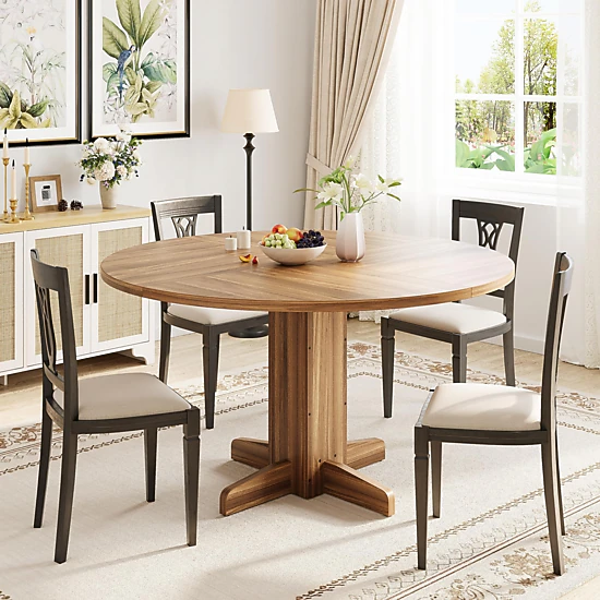 BebreezChic 47" Round Dining Table for 4-6 People, Wood Kitchen Table with Pedestal Base, Farmhouse Style