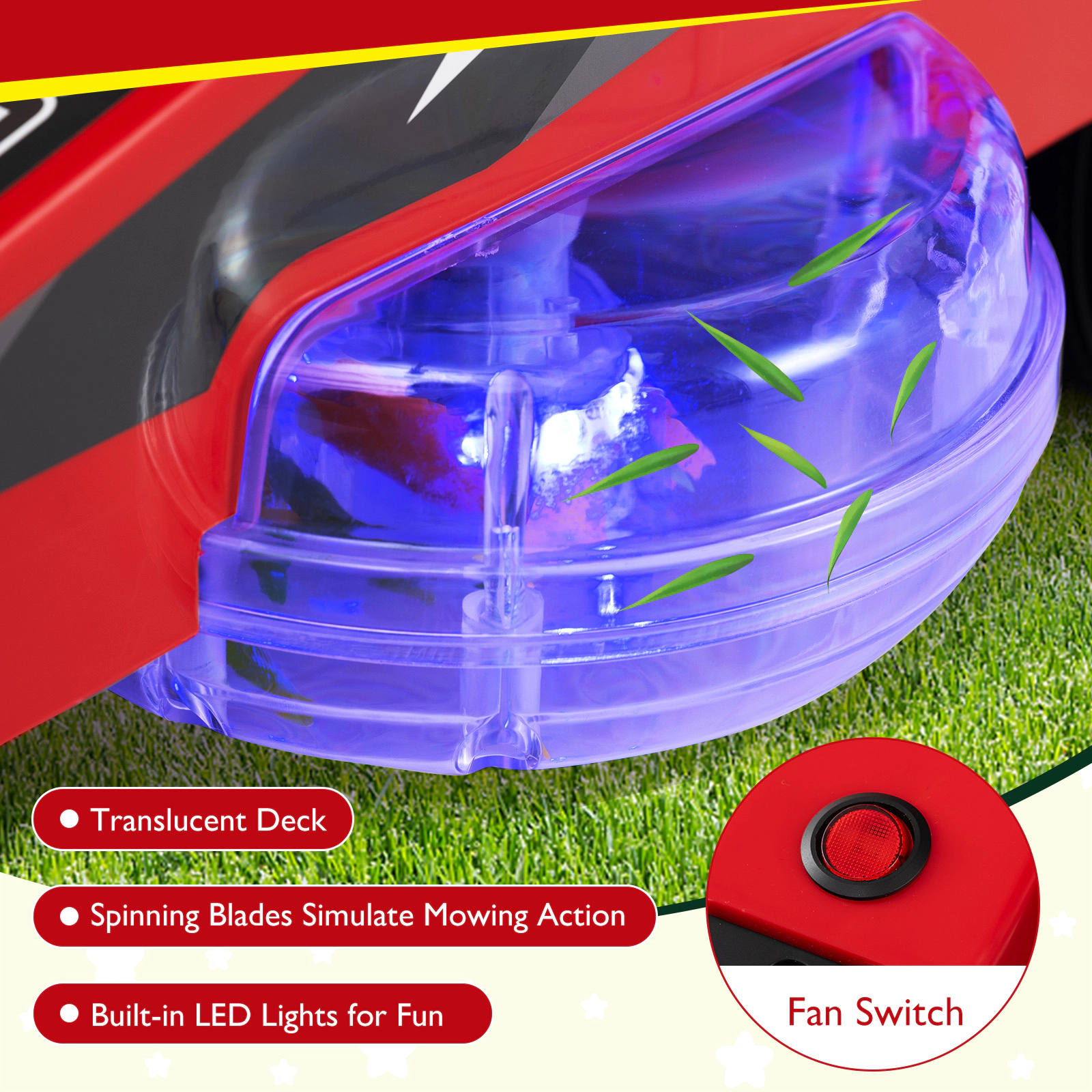12V Kids Lawn Mower Dual Control Sticks 360-Degree Turn and LED Light-Up Deck for Ages 3-8 Battery Powered Ride On Toy