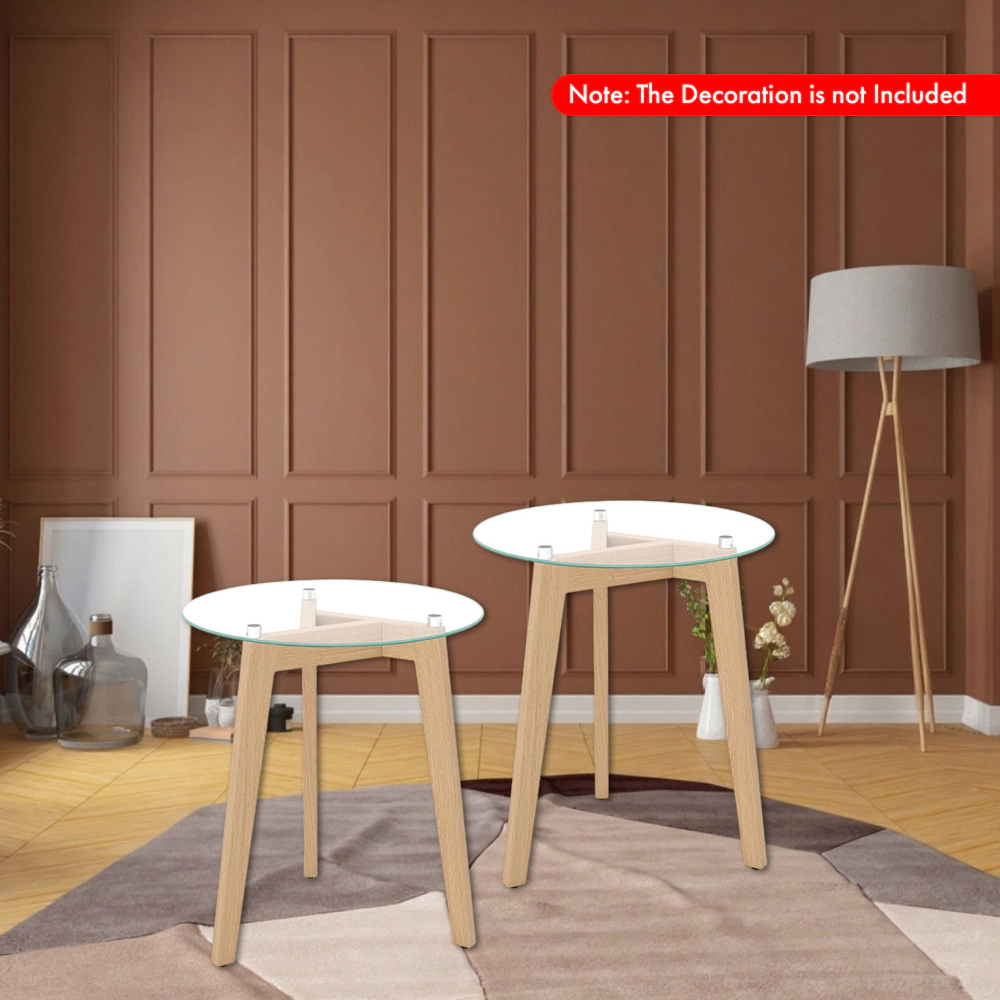 Hivvago Round End Table with Tempered Glass Top and Sturdy Solid Rubberwood Frame