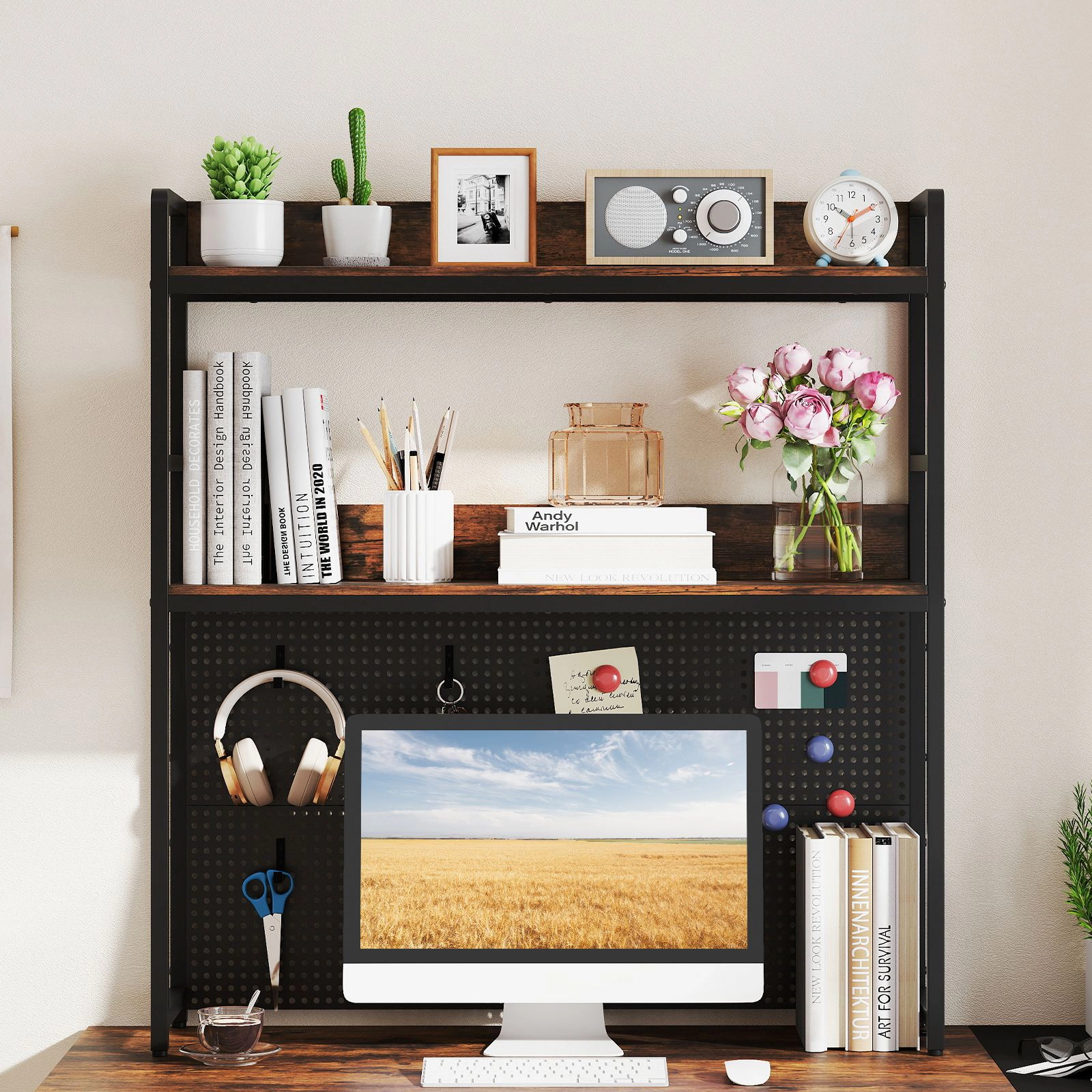 SlickBlue Desktop Bookshelf with 2-Tier Shelves and Pegboard Storage
