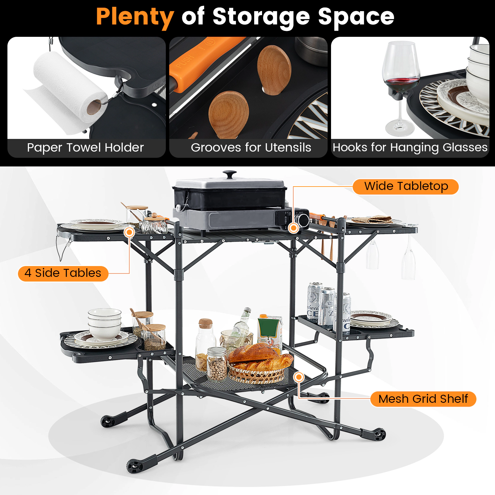 SUGIFT Folding Outdoor Cook Station, Heat-Resistant Aluminum Tabletop, 4 Side Tables and Storage Rack