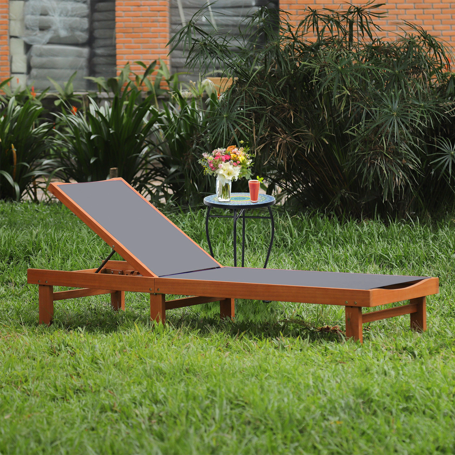 LJG Outdoor Wood Chaise Lounge Chair with 5-Position Adjustable Back