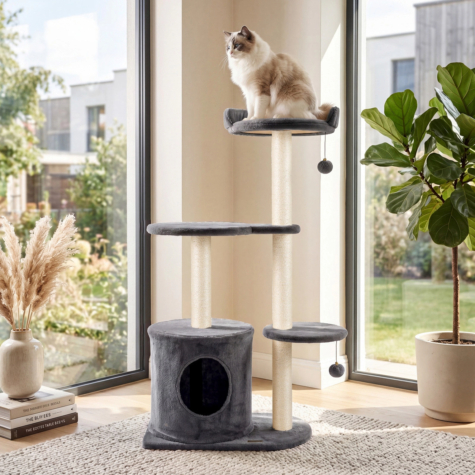 SUGIFT 43-in Gray Cat Tree Tower with Round Plush Perches and Sisal Scratching Posts 23-in Base W