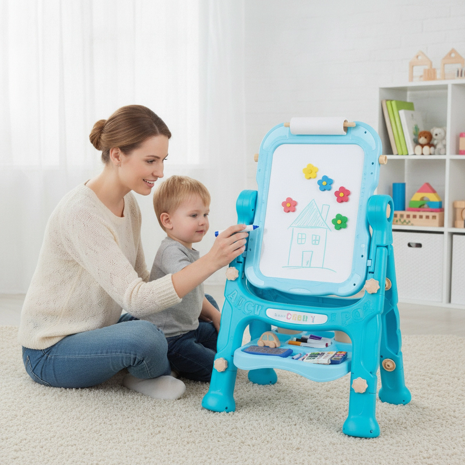 4-in-1 Kids Art Easel Chalk Magnetic Whiteboard Clipboard Drawing Modes 360-Degree Swivel Board 22 Accessories