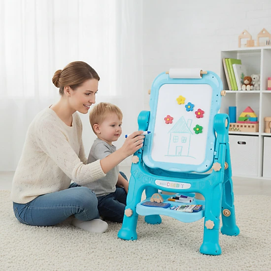 4-in-1 Kids Art Easel Chalk Magnetic Whiteboard Clipboard Drawing Modes 360-Degree Swivel Board 22 Accessories