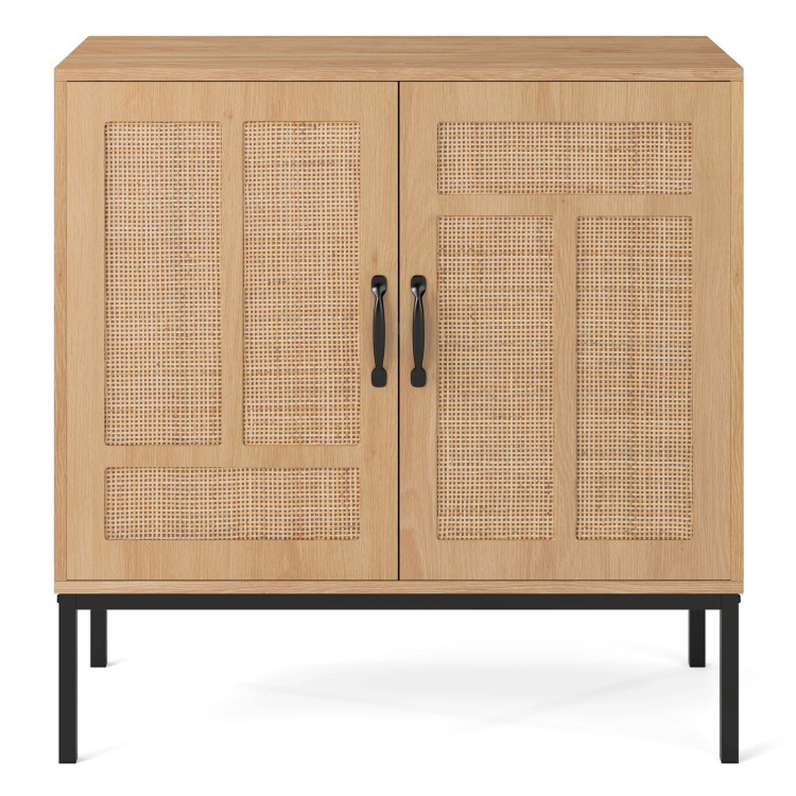 SUGIFT Boho Storage Sideboard Cabinet with Asymmetrical Rattan Doors 100-lb Tabletop Capacity Natural