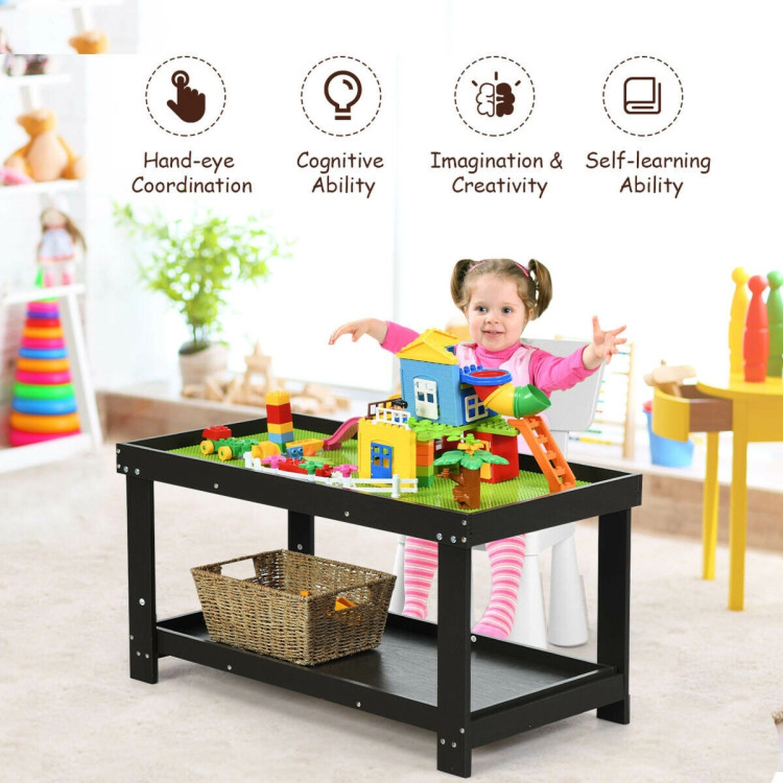 SUGIFT Solid Pine Multifunctional Kids Activity Play Table 200-lb Capacity Ages 3+ Dark Brown 32.5-in Long Single Table