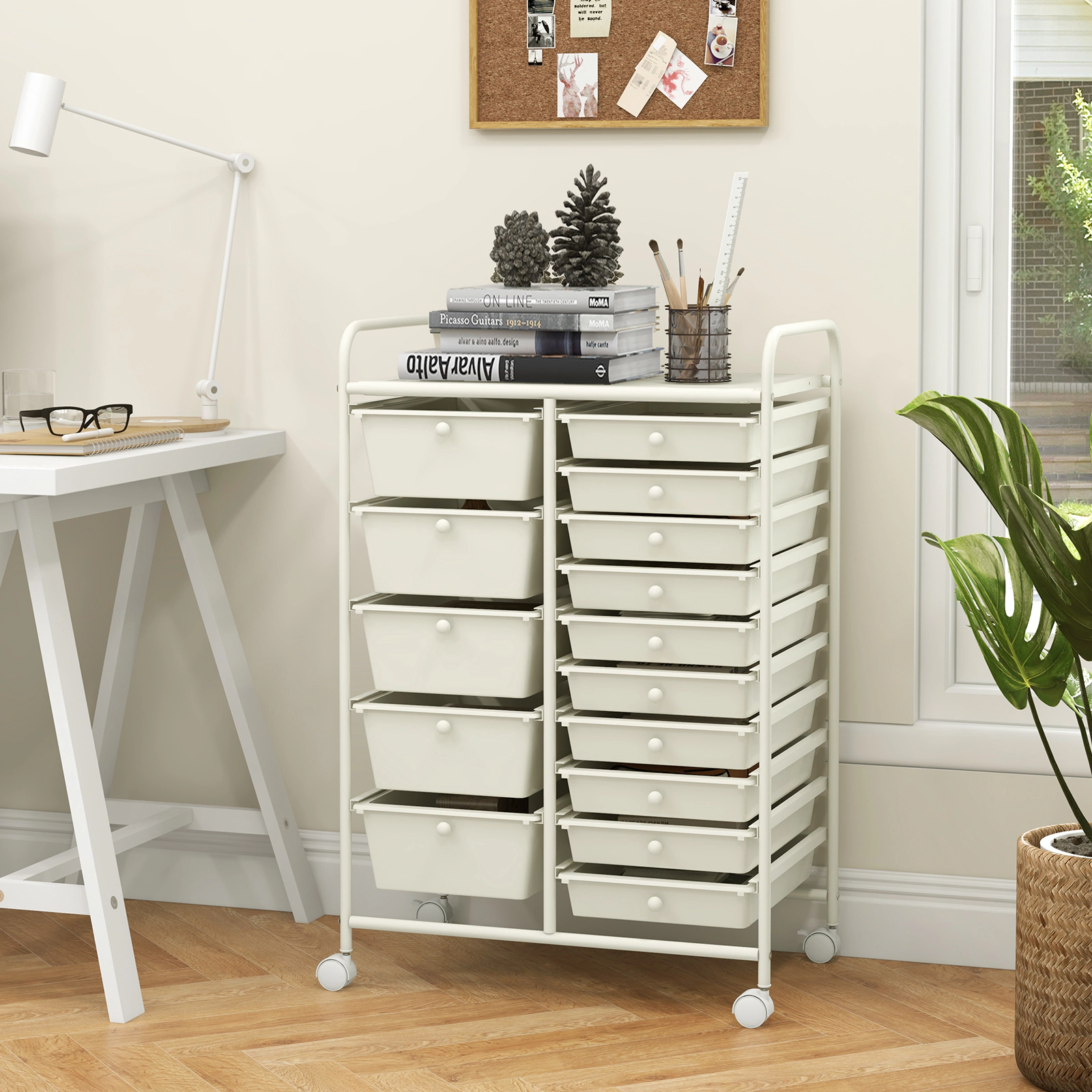 SUGIFT 15-Drawer Rolling File Storage Organizer Cart 22-lb Top Capacity 25-in Wide Utility Cabinet White/Silver