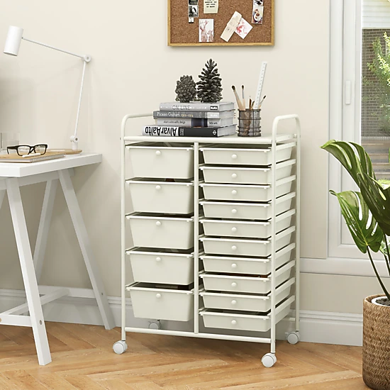 SUGIFT 15-Drawer Rolling File Storage Organizer Cart 22-lb Top Capacity 25-in Wide Utility Cabinet White/Silver