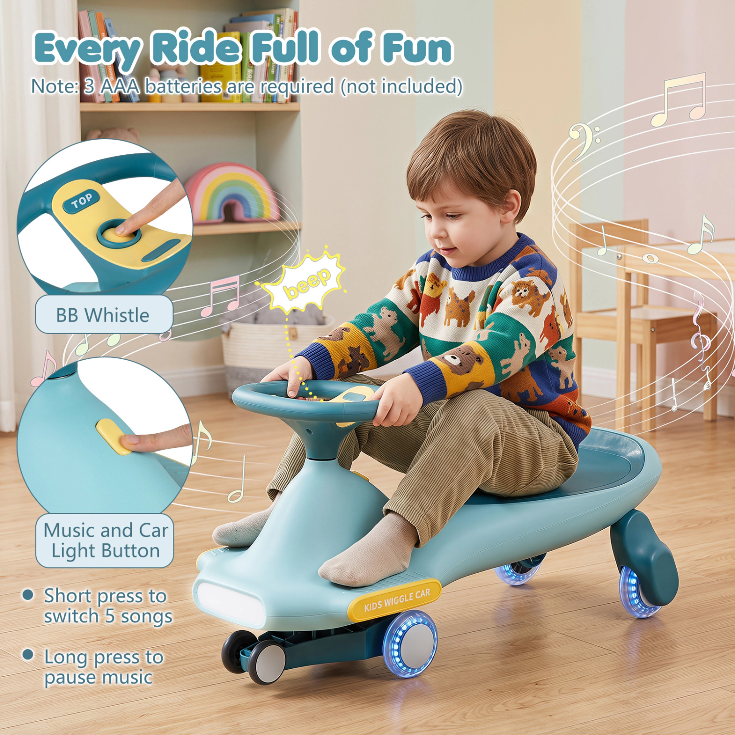 LJG Wiggle Car for Kids with LED Flashing Wheels Indoor Outdoor Play