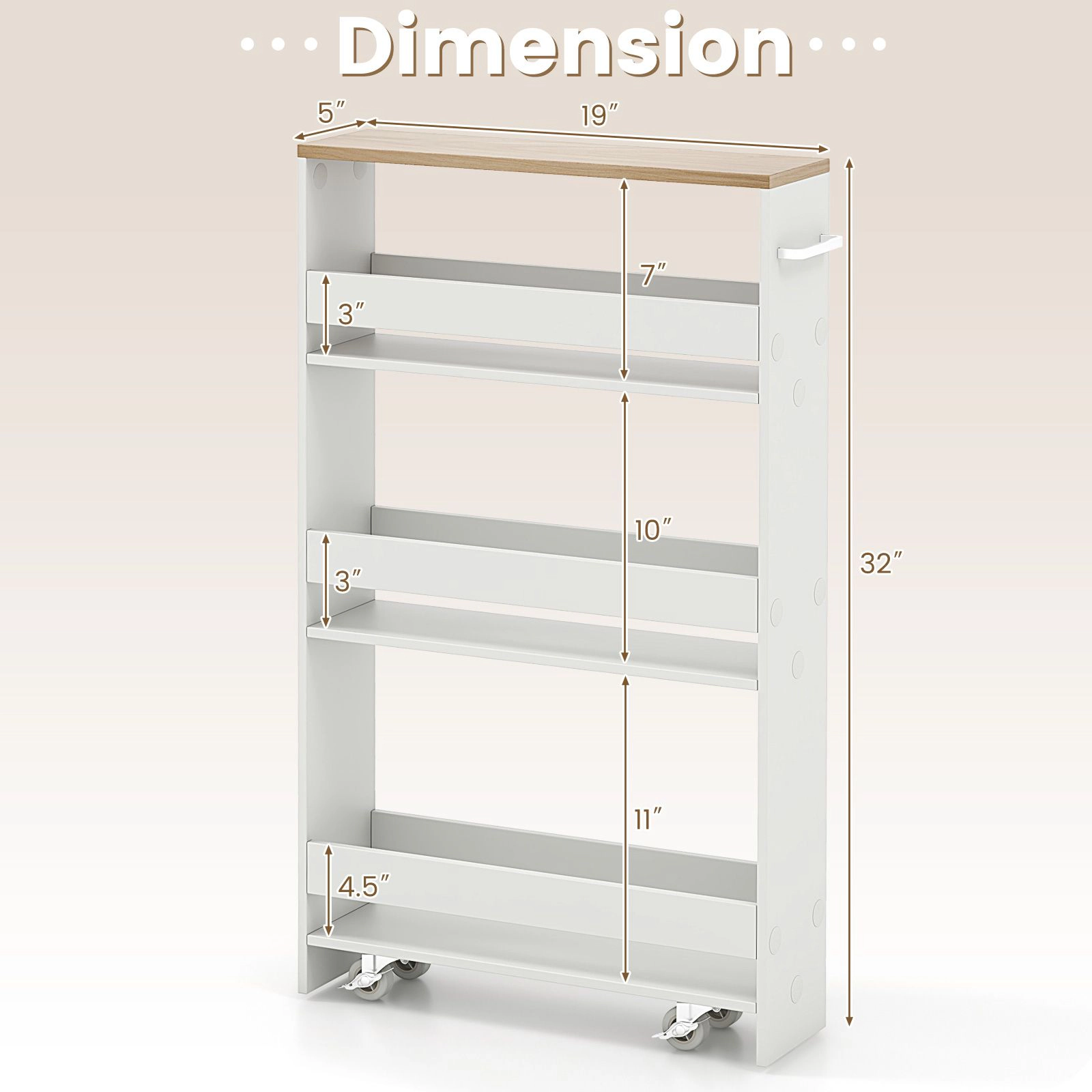 Slickblue 4-Tier Slim Rolling Storage Cart for Kitchen, White