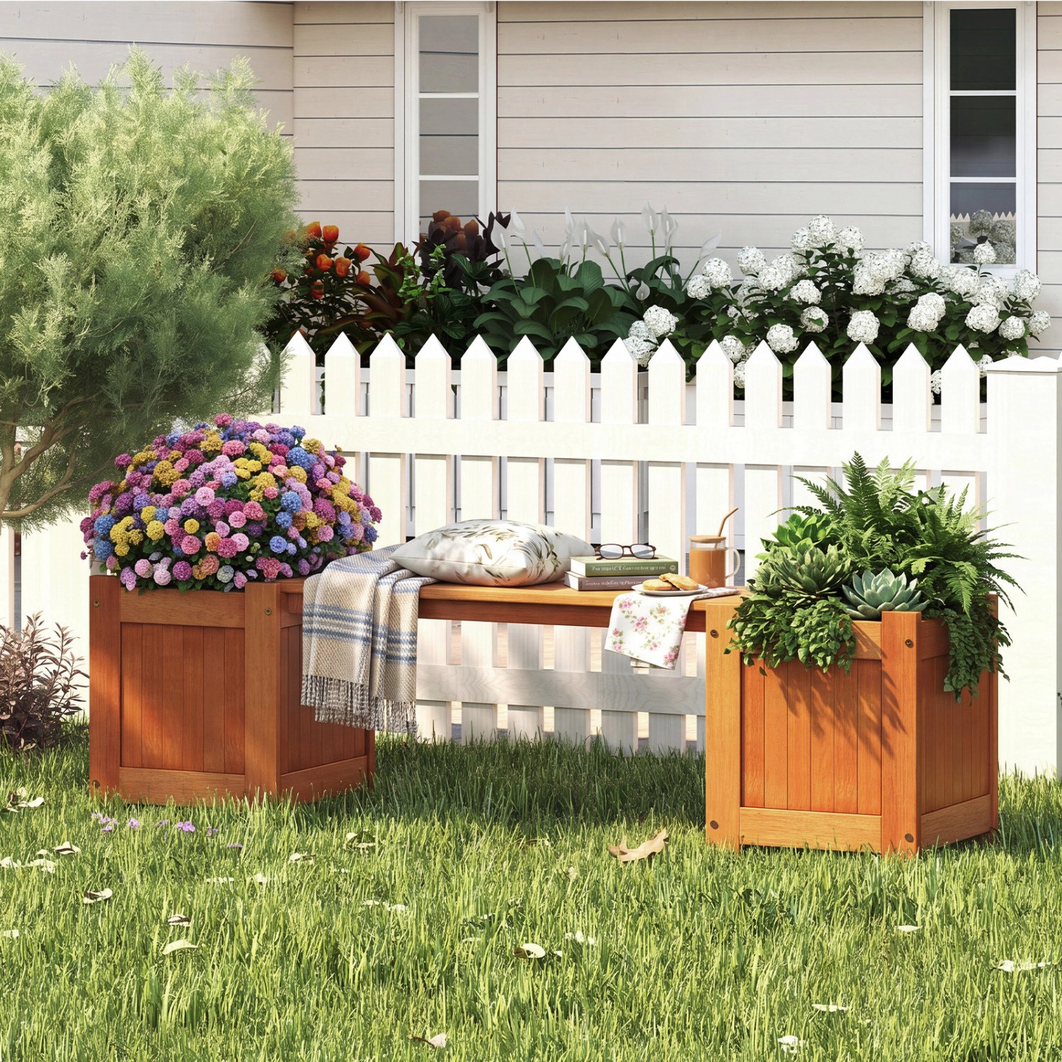 LJG Hardwood Planter Box with Bench Garden Bench with 2 Side Flower Boxes