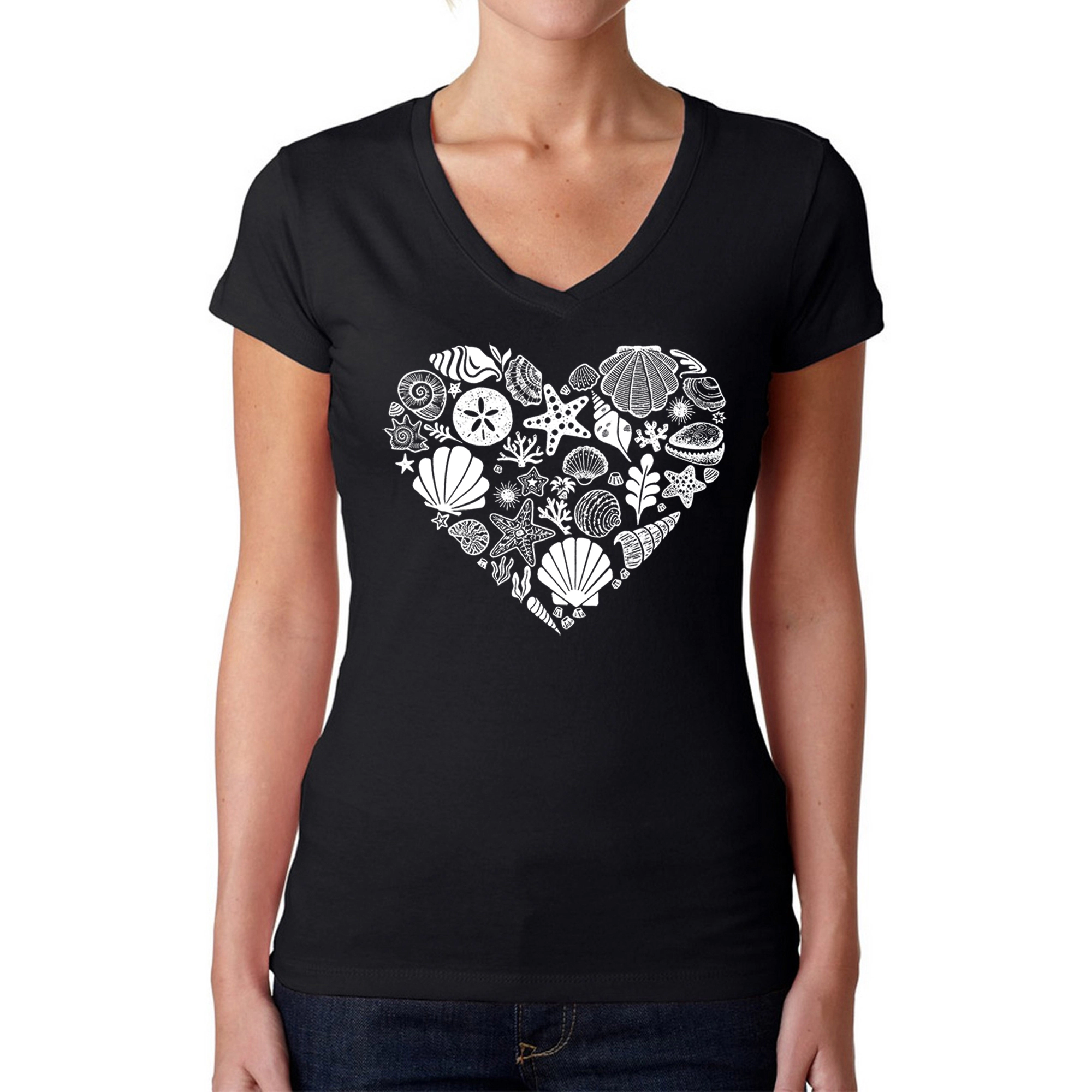 LA Pop Art Womens Word Art V-Neck T-Shirt - Sea Shells