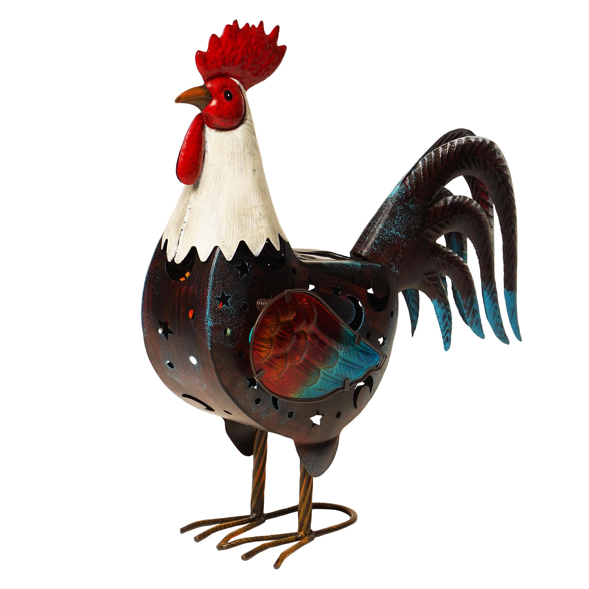 G128 18in Solar Metal Rooster Garden Statue - Colorful LED Farmhouse Yard Art for Patio Lawn Backyard