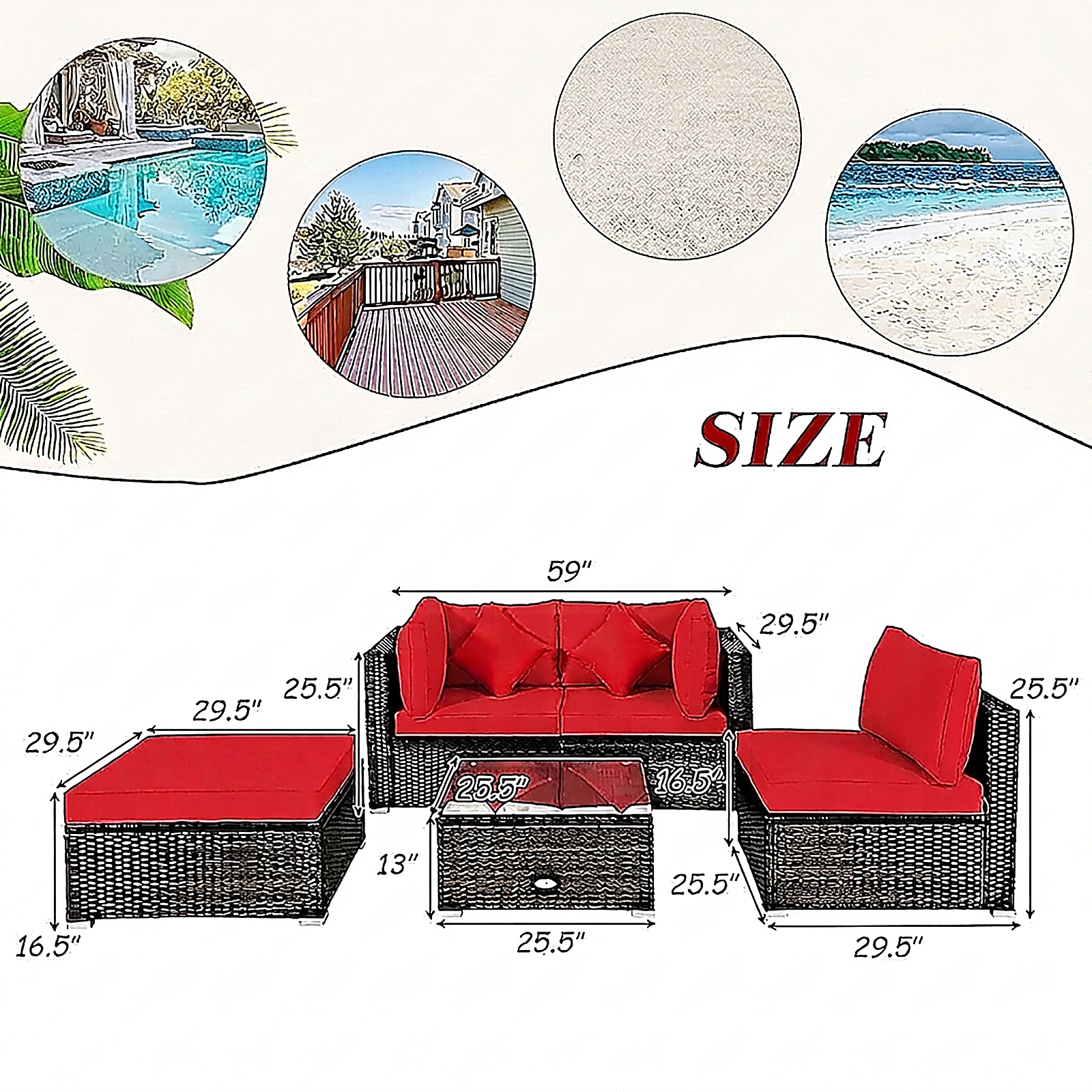 SUGIFT 5-Piece Red Rattan Patio Sectional Set with Corner Sofas, Armless Sofa, Ottoman and Coffee Table