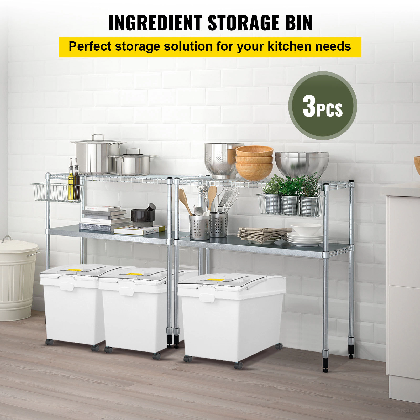HONGGE 3-Pack 40L/10.5-Gallon Large Rice Storage Container Set with Wheels & Scoops, Airtight Pet Food Bin