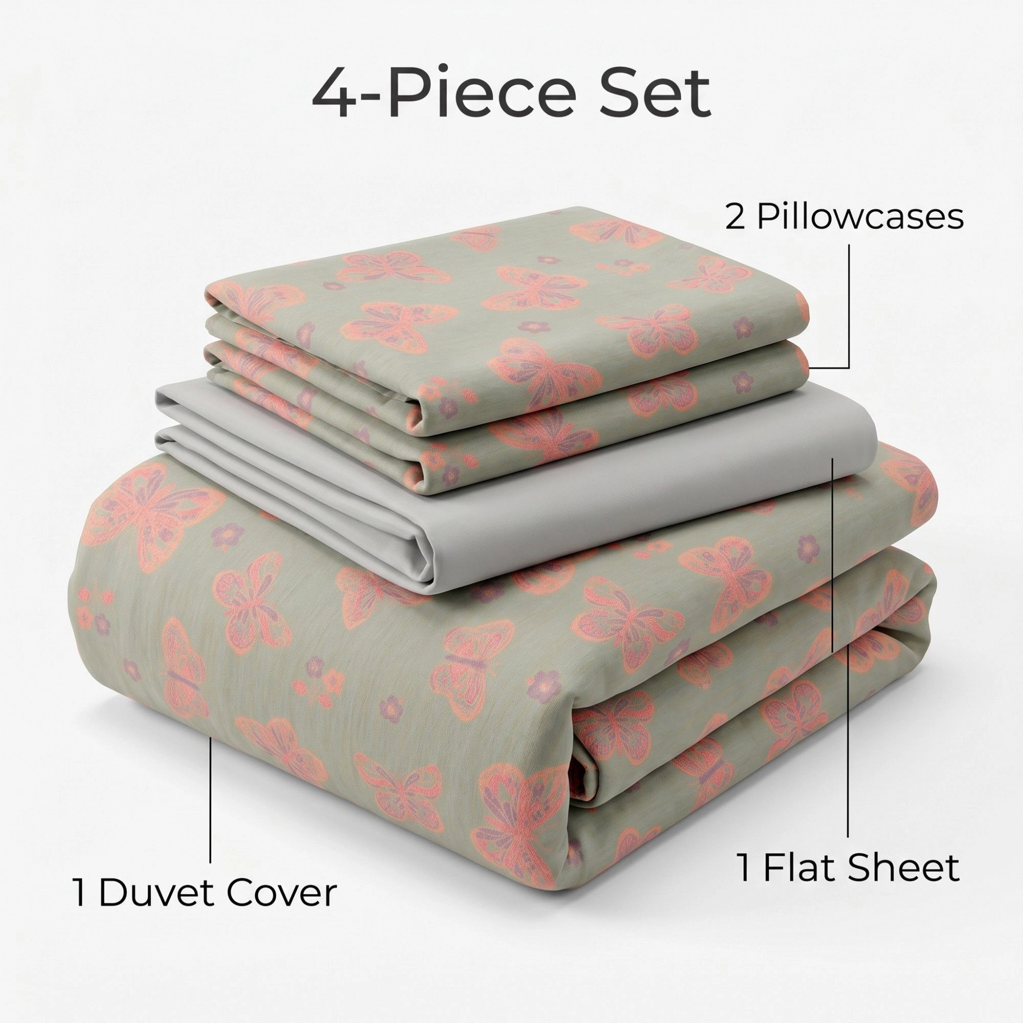 Alilang Unisex 4-Piece Cotton Bedding Set with Butterfly Print Duvet Cover and Pillowcases
