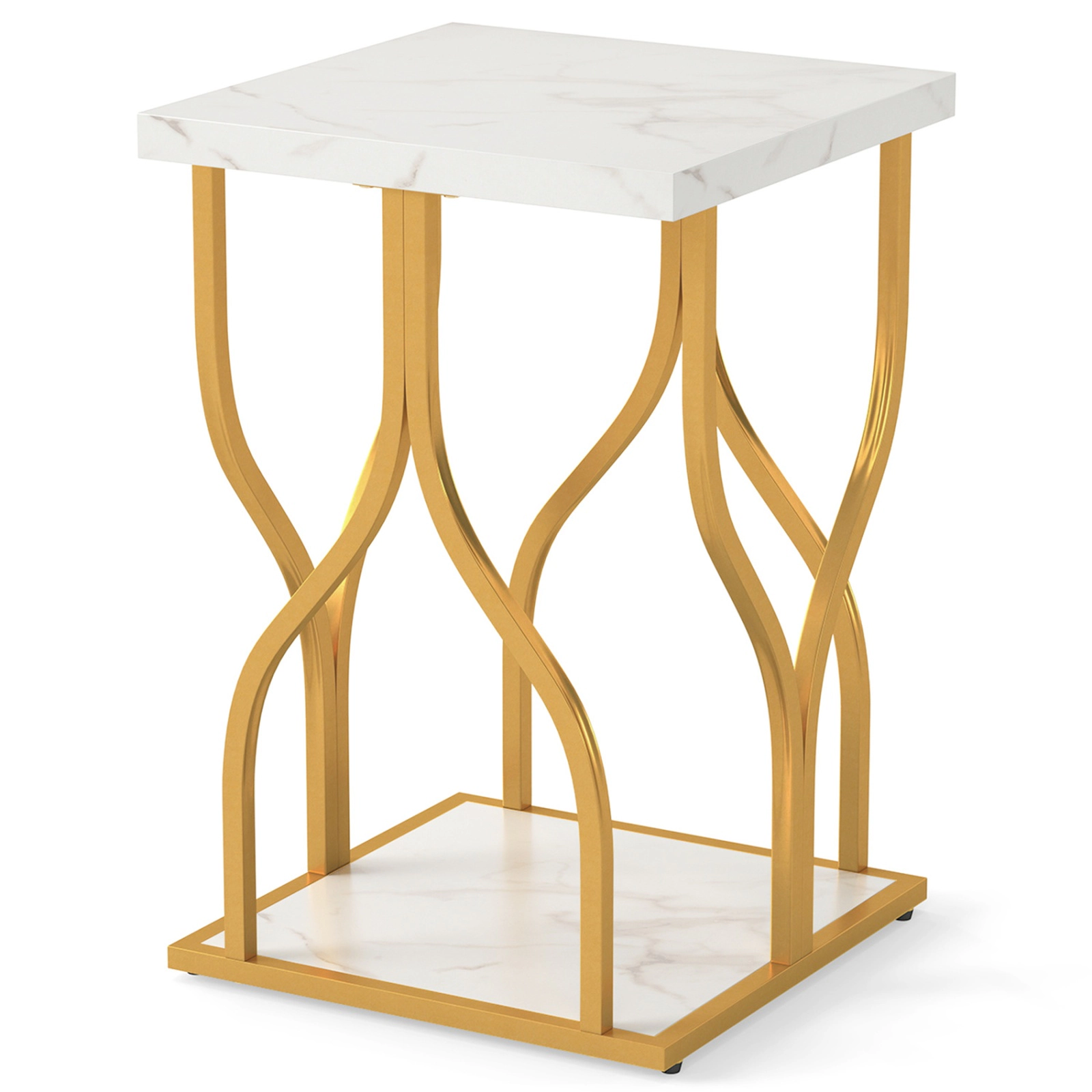 SUGIFT Faux Marble Bedside Night Stand with Petal-Inspired Metal Frame 100-lb Top Capacity White & Gold