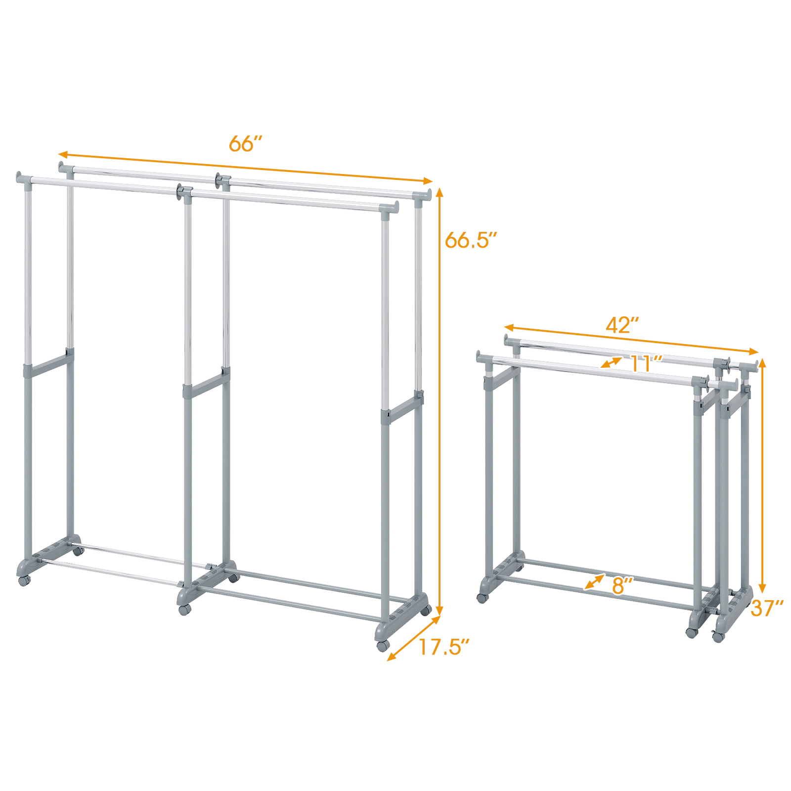 Glintex Extendable Double-Rod Clothes Rack with 6 Casters and Safety Locks, Silver