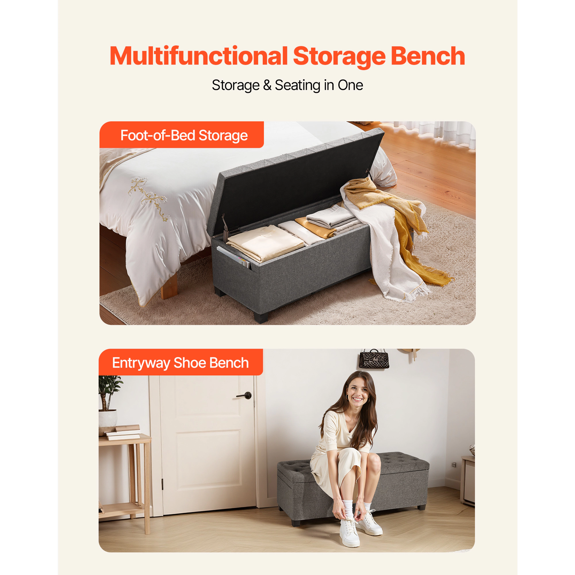 HONGGE Storage Ottoman Bench End of Bed Bench Upholstered Bed Ottoman Chest with Storage for Living Room Bedroom