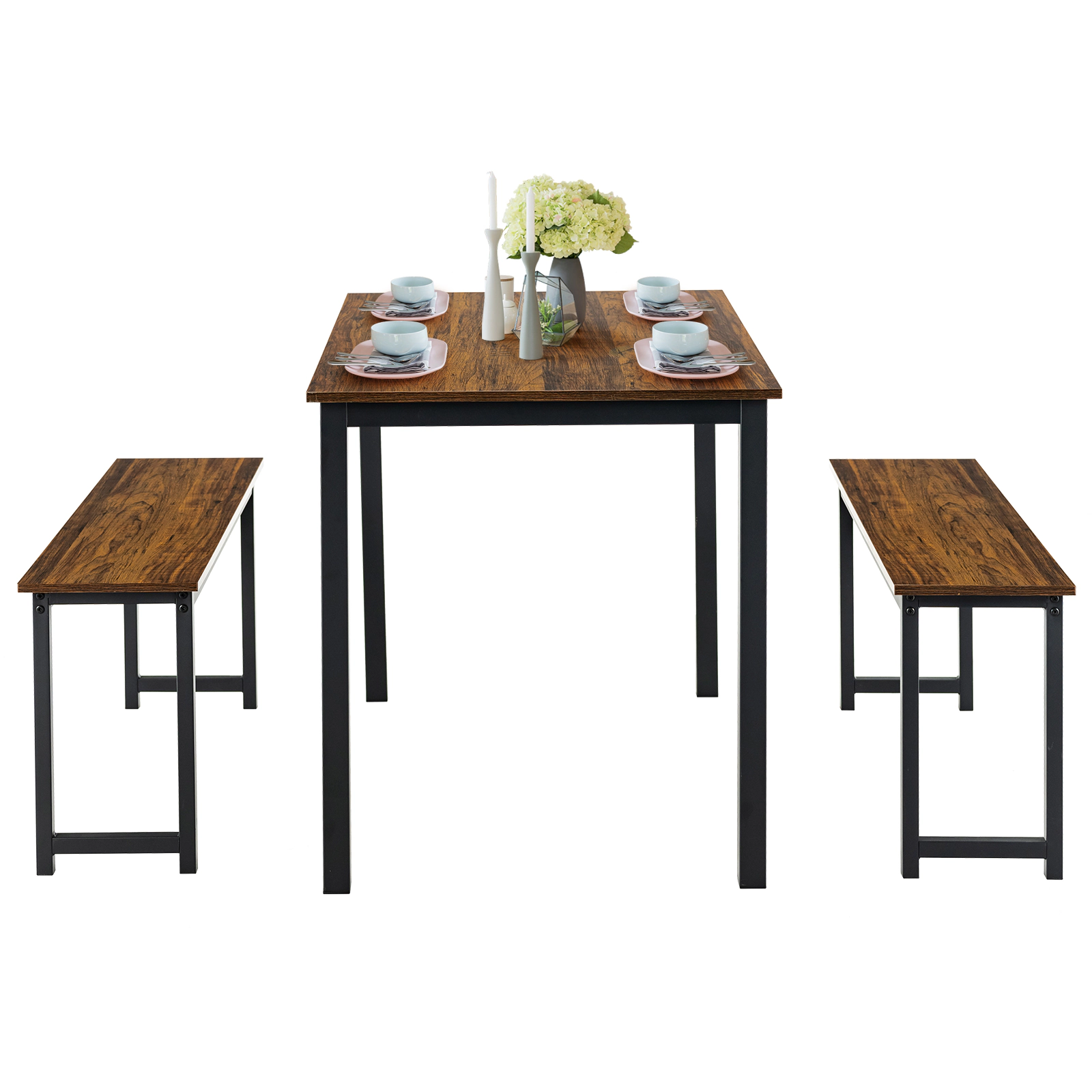 SUGIFT 3-Piece Dining Table Set with 2 Benches 210-lb Table 330-lb Benches 43-in Rectangular Top Brown/Natural