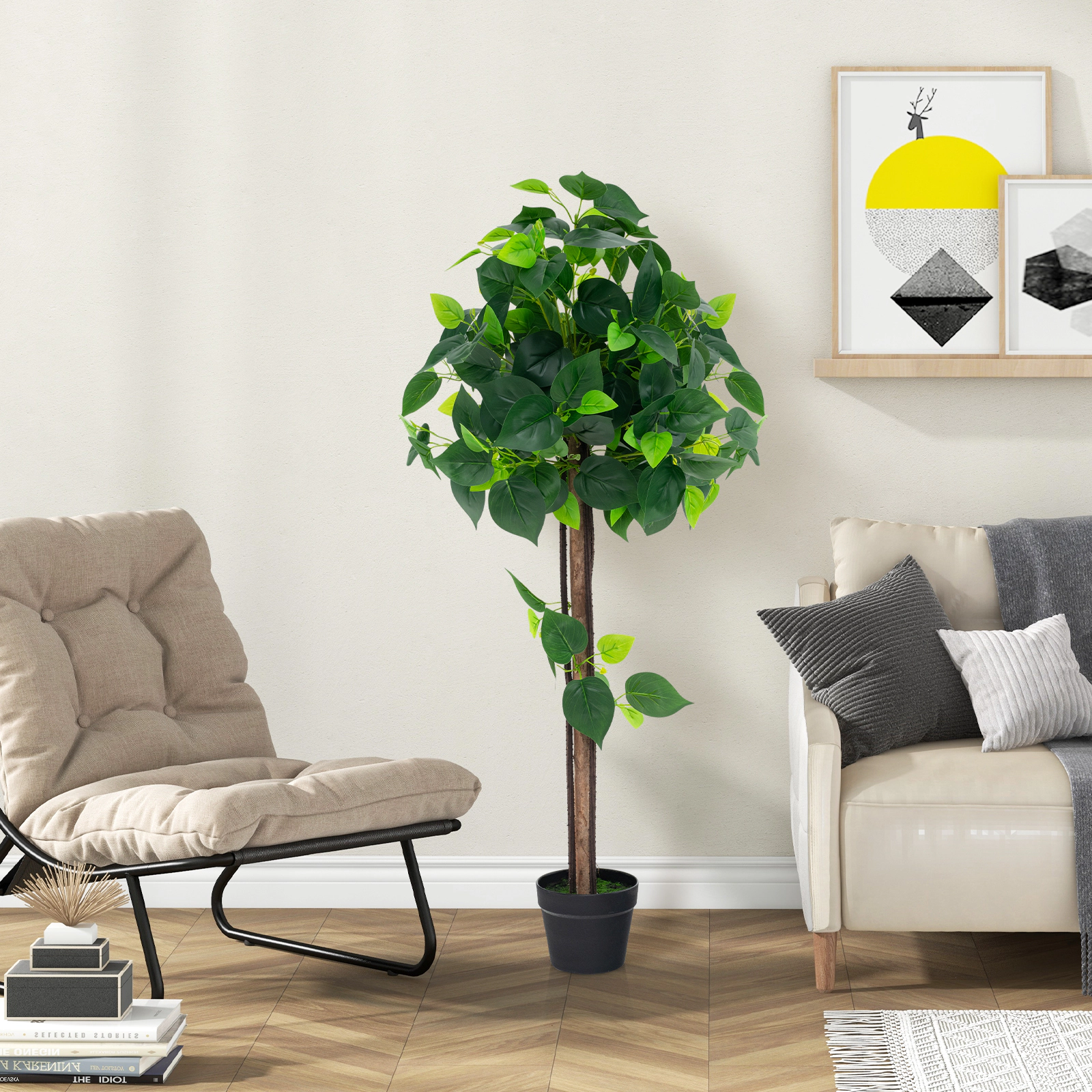 SlickBlue Artificial Hydrangea Tree with Mixed Green Foliage and Cement Filled Pot for Home Decor