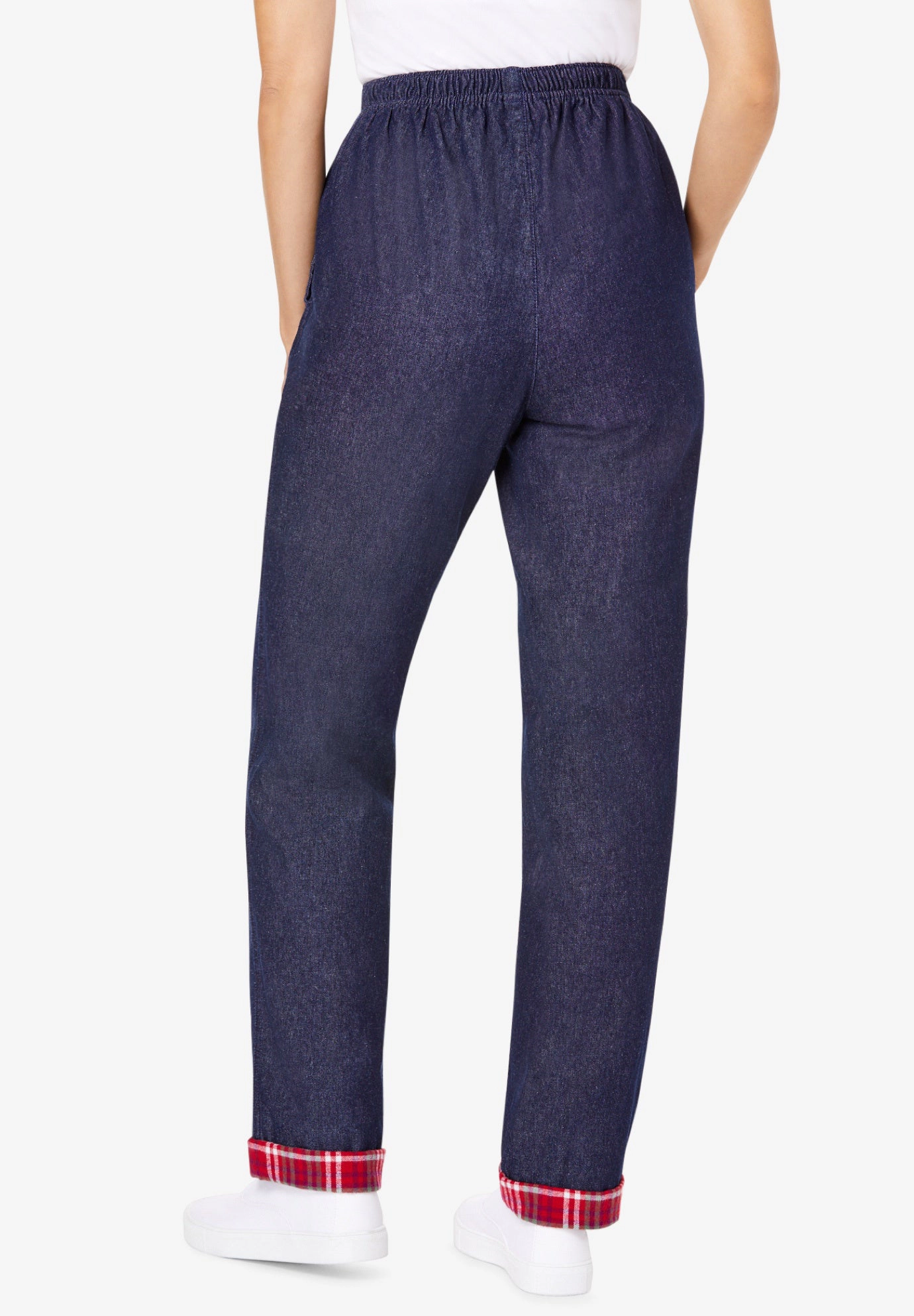 Woman Within Plus Elastic-Waist Cotton Straight Leg Denim Pant with Flannel Lining