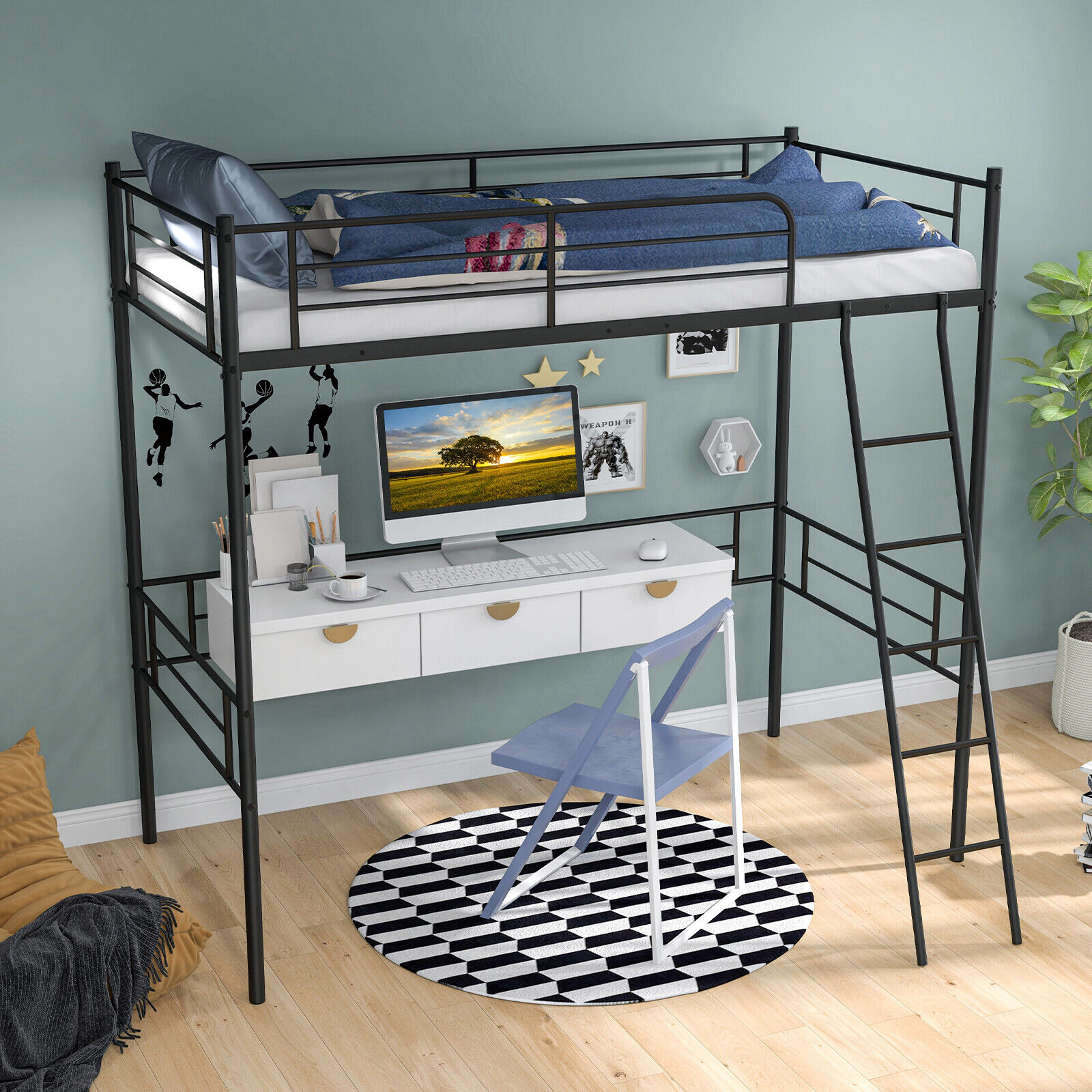 SUGIFT Metal Twin Loft Bed Frame with Guardrail and Ladder 330-lb Capacity Twin Size Black