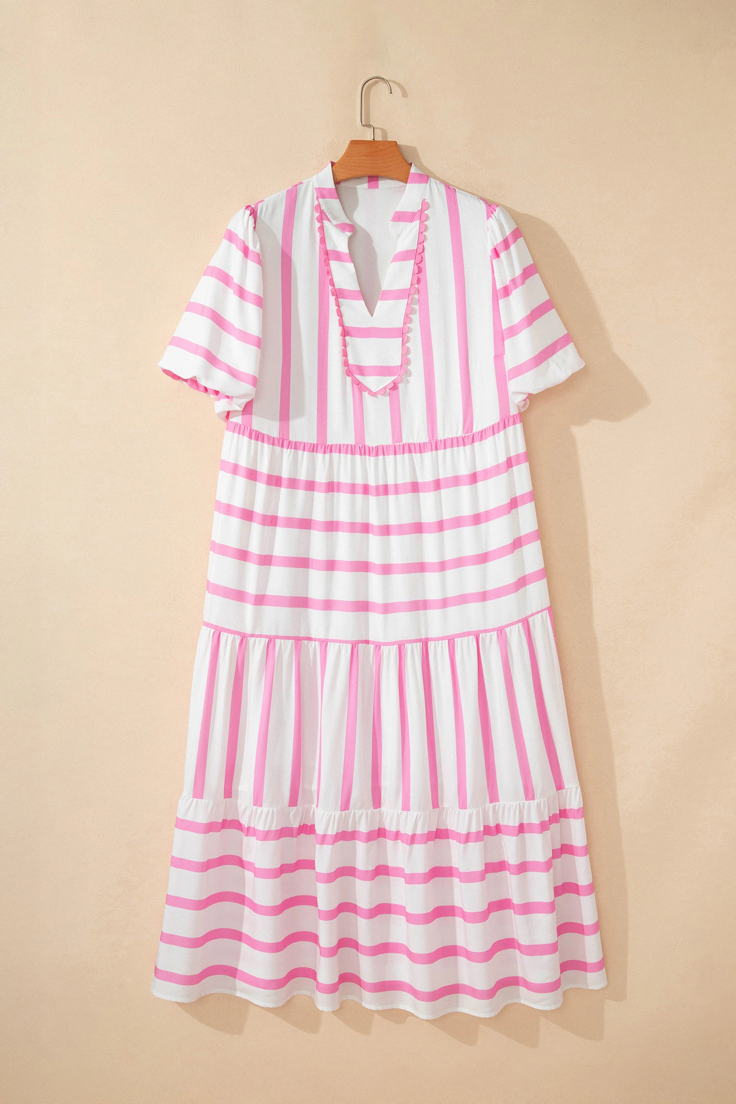 Threaded Pear Womens Elowen Sleeve Tiered Maxi PLUS Dress - Pink Stripe