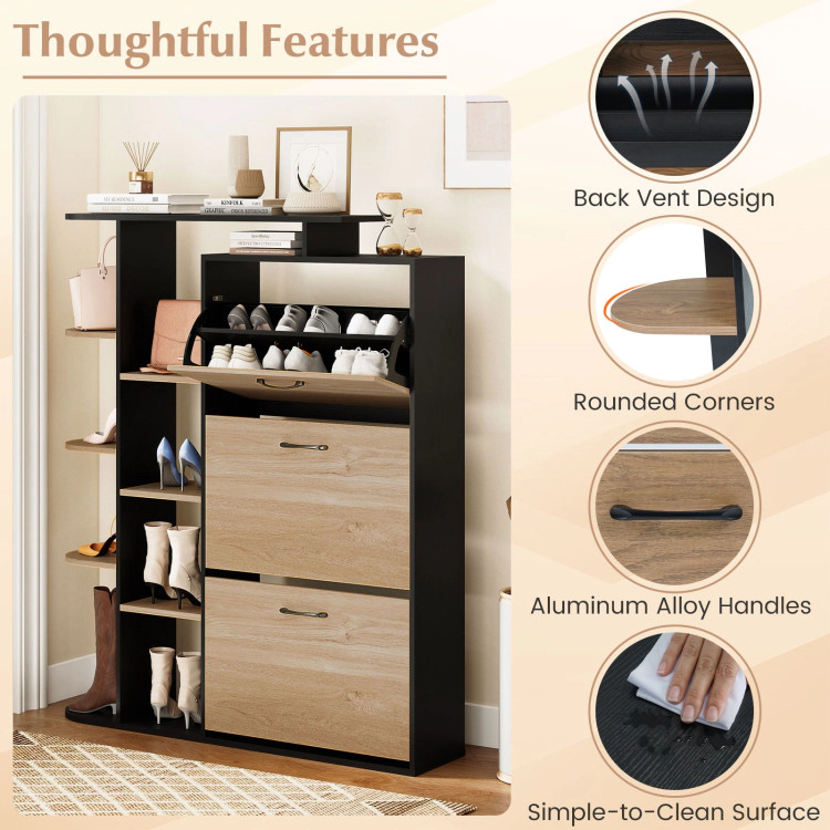 Hivvago Shoe Cabinet with Open Shelves Modern Organizer 3 Flip Drawers
