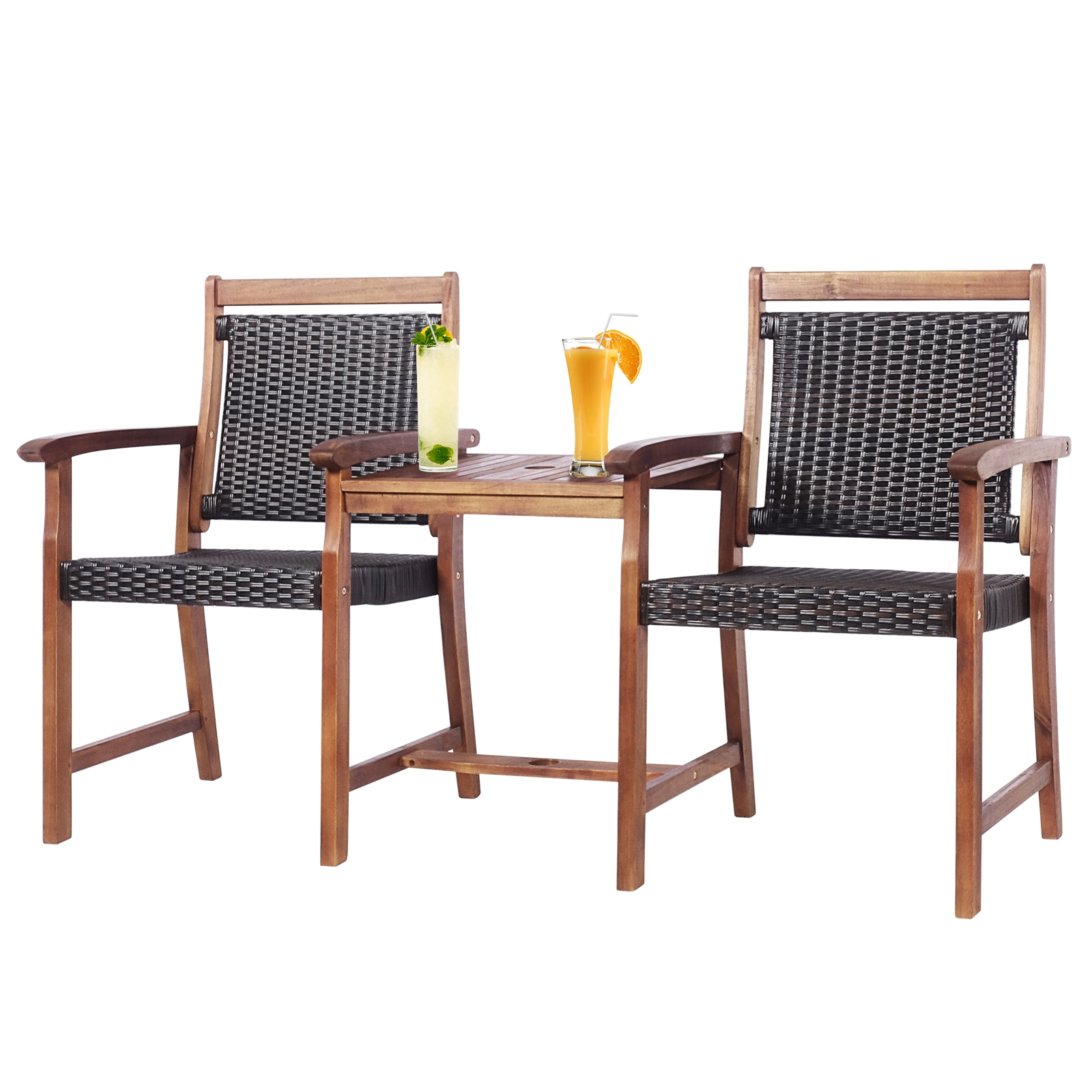 LJG 2-Seat Patio Rattan Acacia Wood Chair with Coffee Table