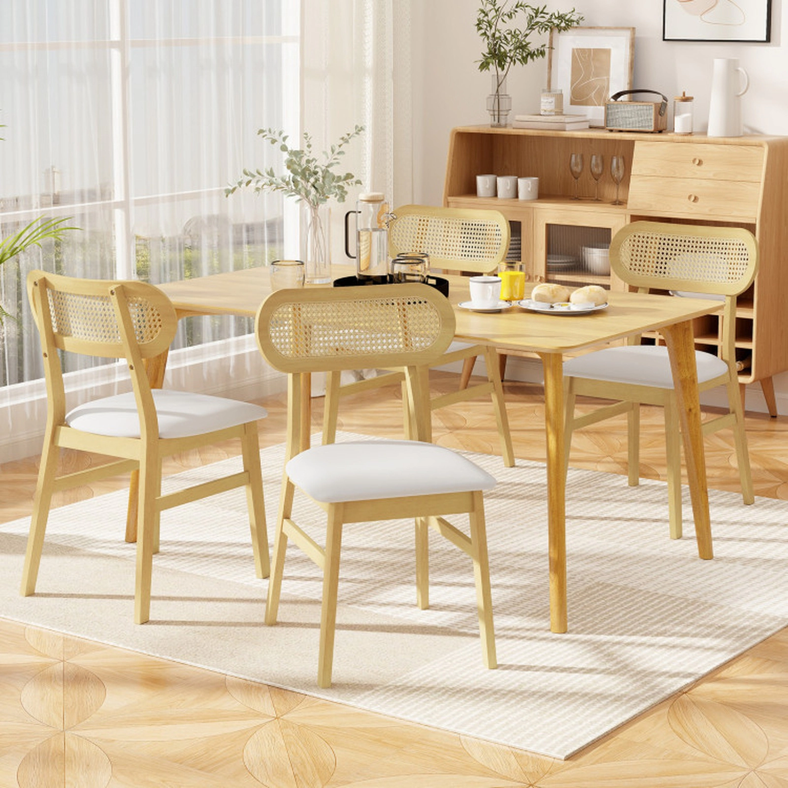 SUGIFT Set of 2 Mid-Century Rattan Back Dining Chairs with PU Leather Seats
