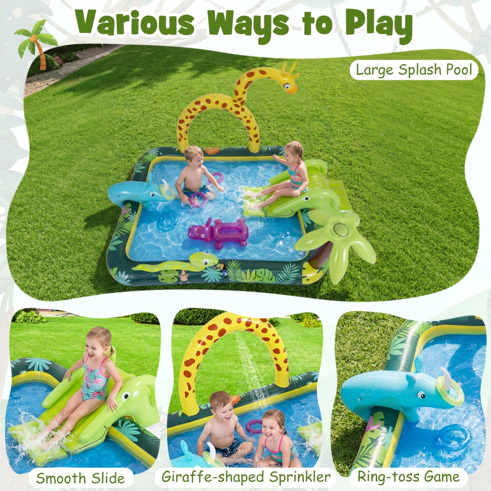 SUGIFT Giraffe Sprinkler and Ring Toss Game Kids Inflatable Jungle Spray Pool with Slide