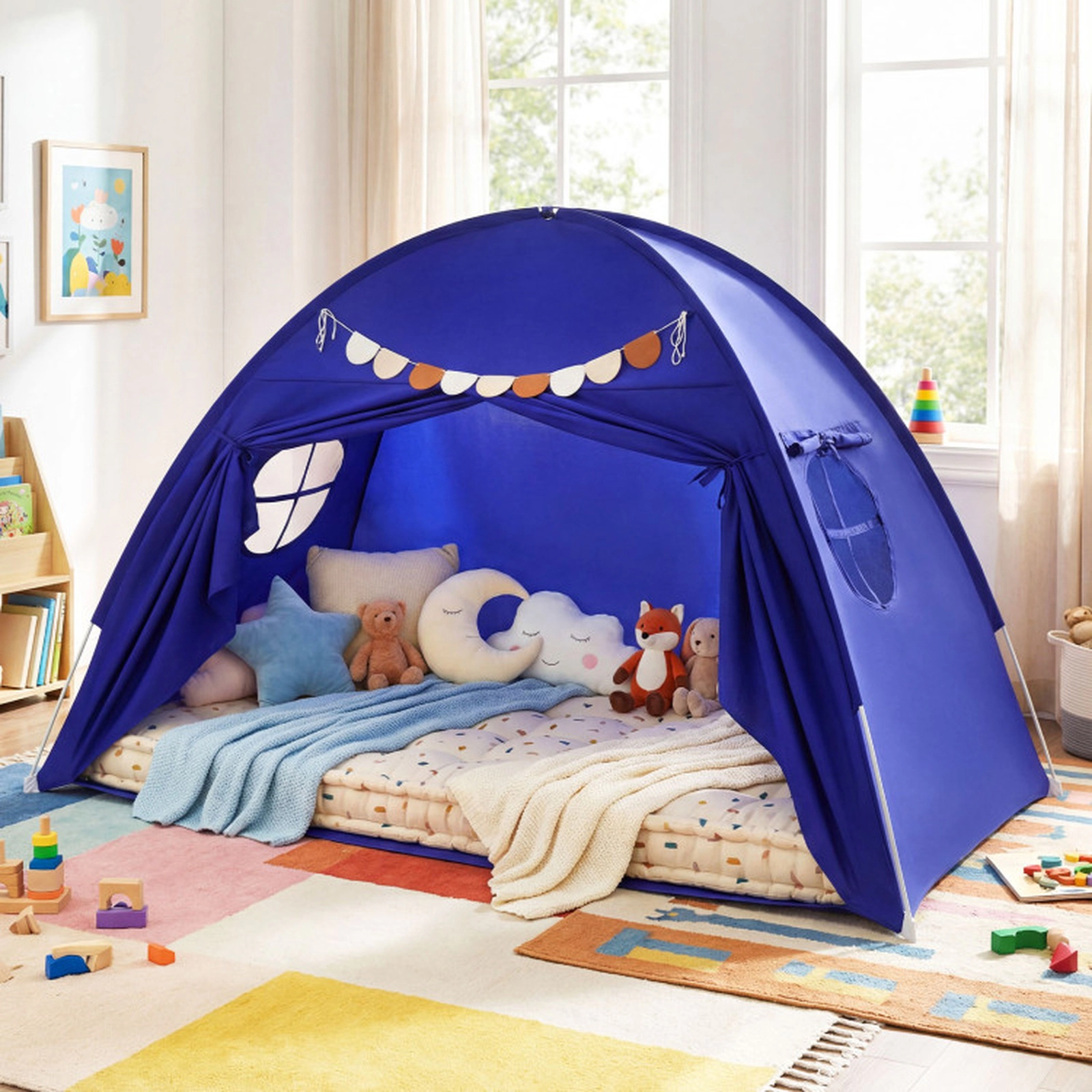 SUGIFT Navy 2 Windows Twin Size Kids Indoor Bed Canopy Tent