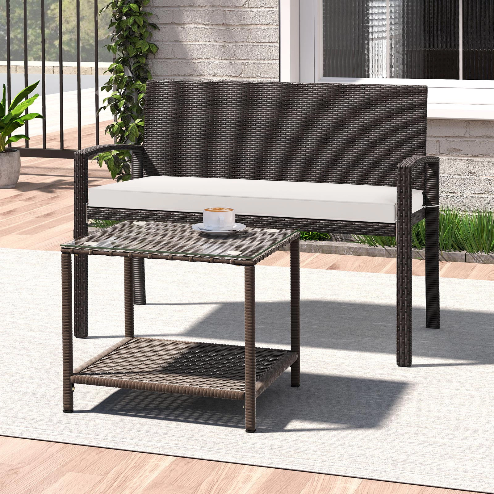 LJG Wicker 2-Seat Bench with Soft Seat Cushion and Metal Frame