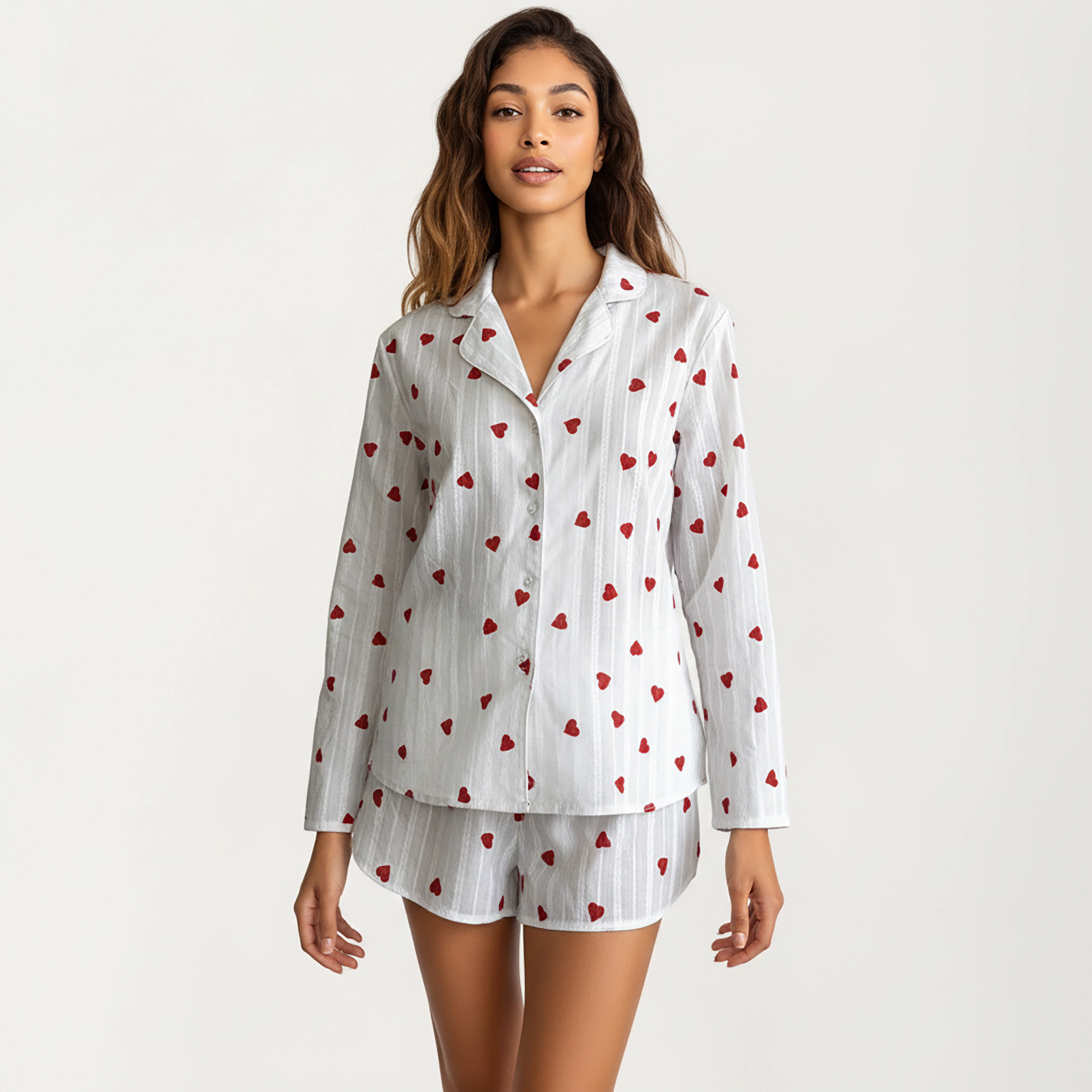 Anna-Kaci Women's Valentine Long Sleeve Heart Print Tie Front Top and Matching Shorts Loungewear Set