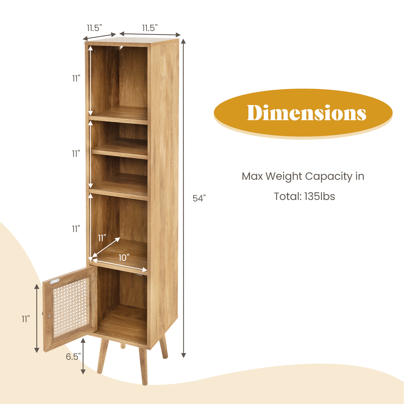 SUGIFT 4 Tier Rattan Storage Cabinet Natural Slim Design for Narrow Spaces