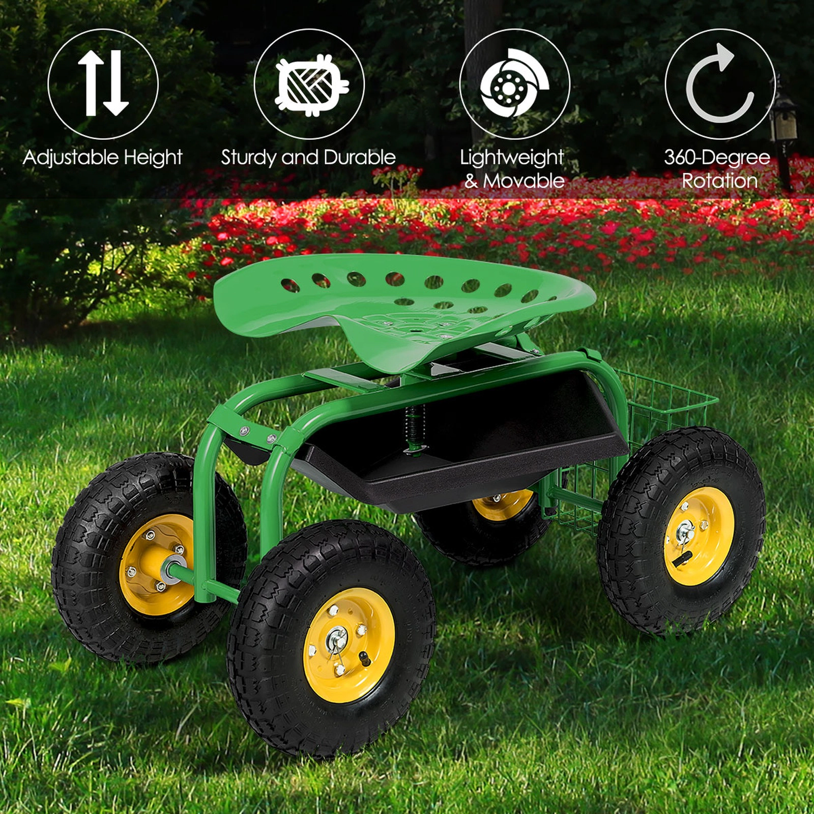 SUGIFT Height-Adjustable Rolling Garden Work Seat Cart with Tool Tray 330-lb Capacity Green