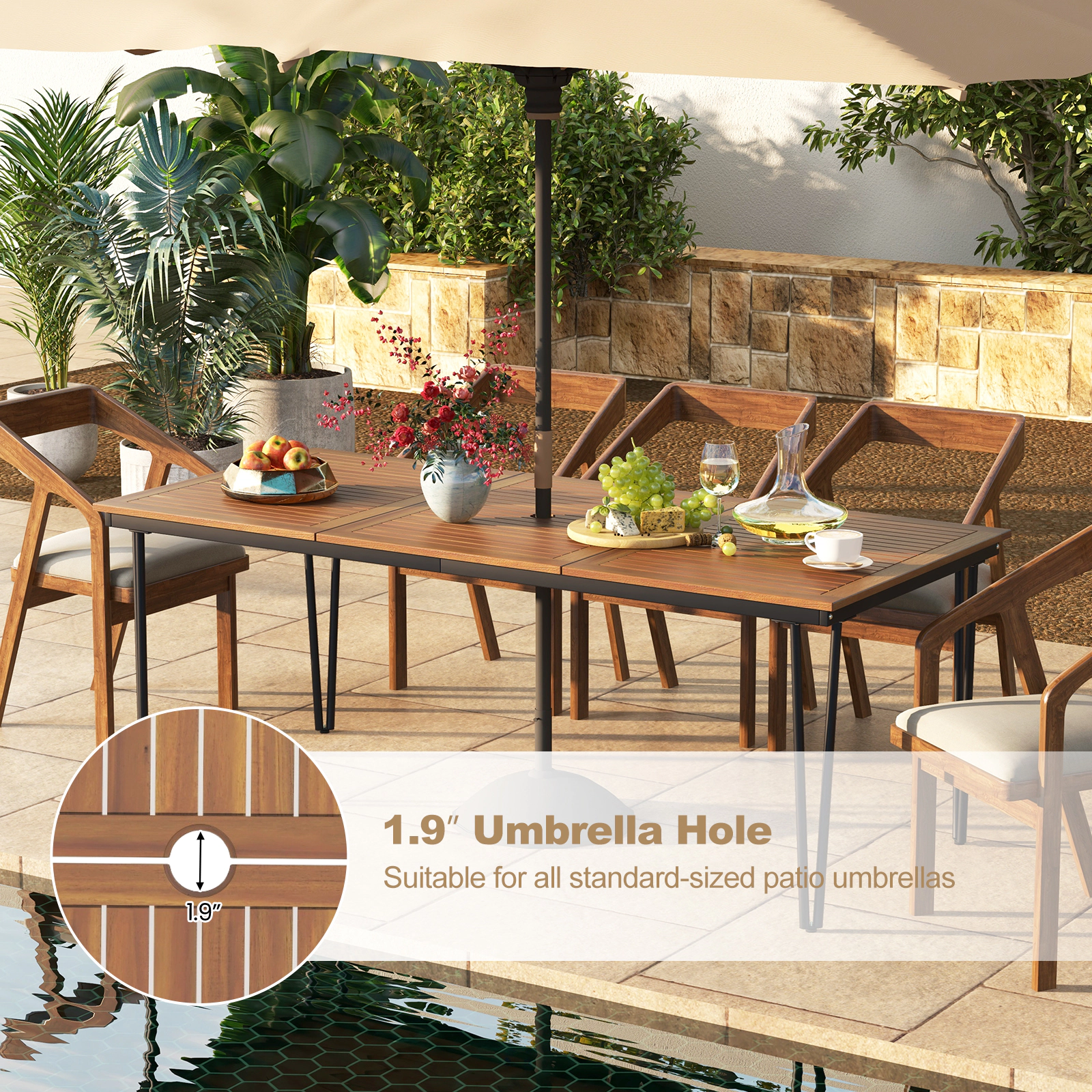SUGIFT 79-in Slatted 8-Person Outdoor Dining Table with 1.9-in Umbrella Hole 165-lb Capacity Natural & Black