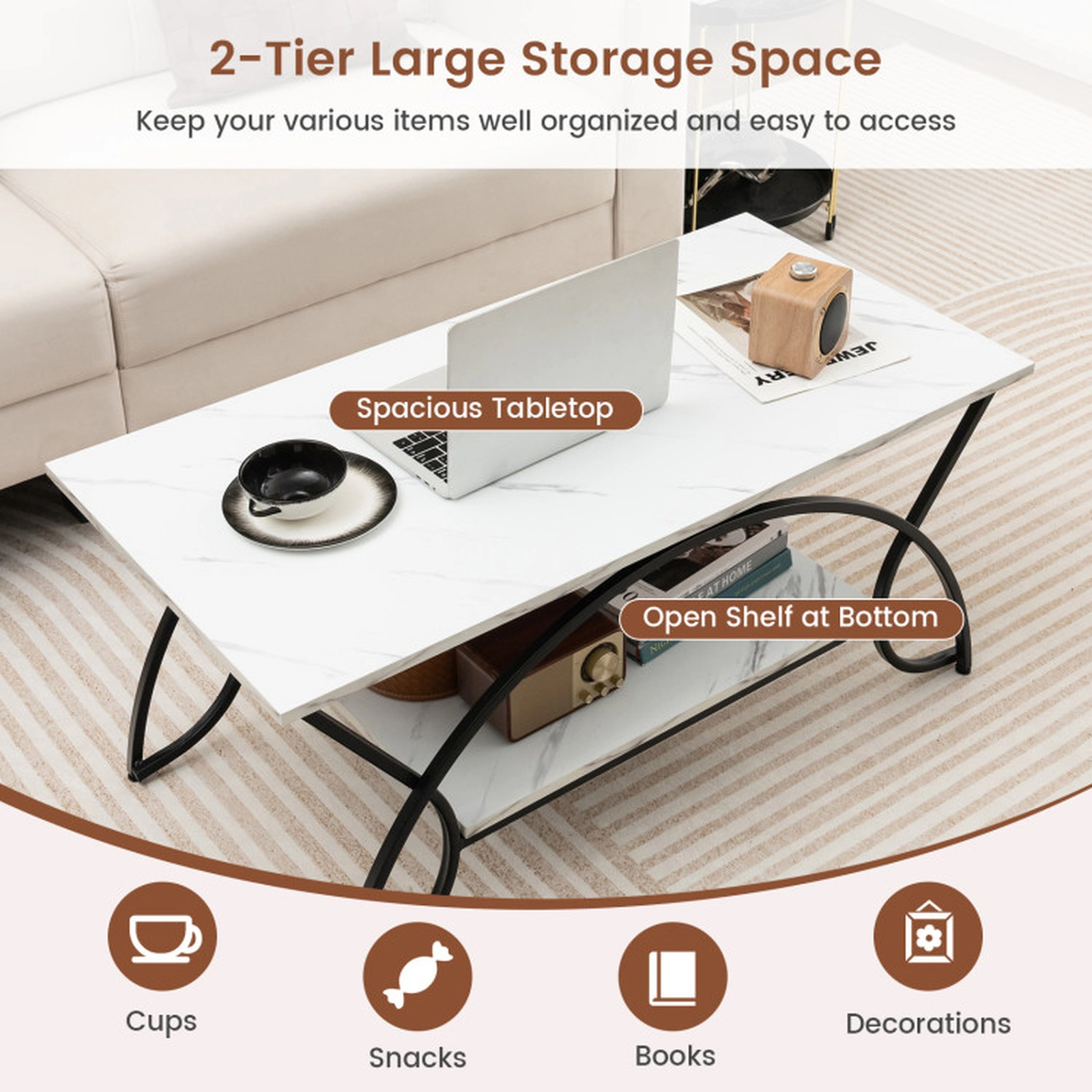 SUGIFT 39.5-in 110-lb Capacity 2-Tier Faux Marble Coffee Table with Arch Metal Frame and Bottom Shelf