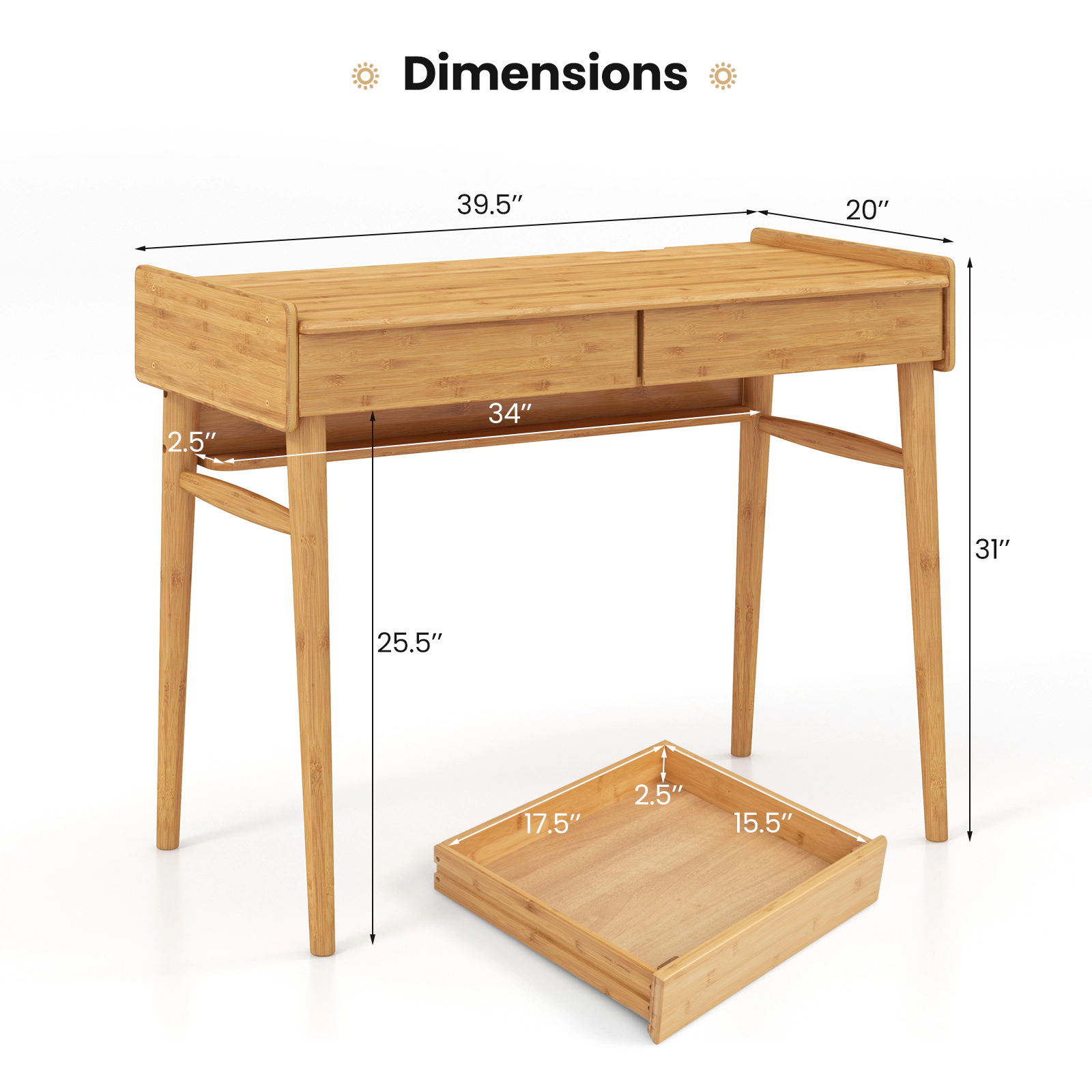 SUGIFT 39.5-in Natural Bamboo Writing Desk with 2 Drawers, Shelf and Cable Management